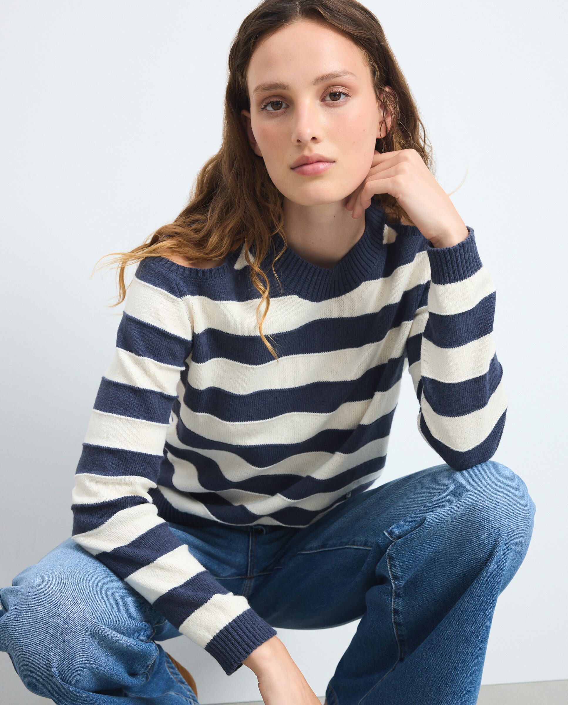 Camisola de Malha Cut Out com Estampado às Riscas Azul-marinho-3