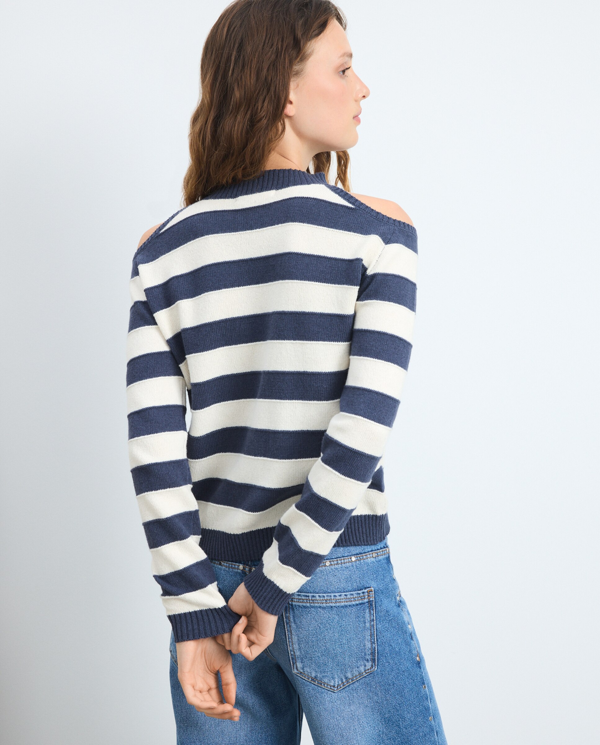 Camisola de Malha Cut Out com Estampado às Riscas Azul-marinho-4
