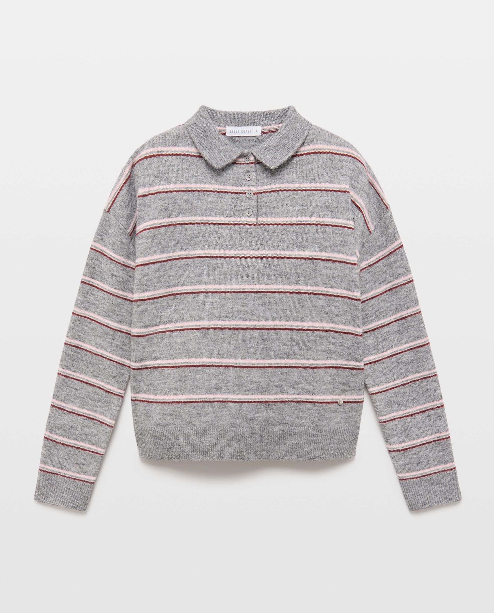 Camisola de Malha às Riscas com Colarinho de Polo Cinzento-claro-5