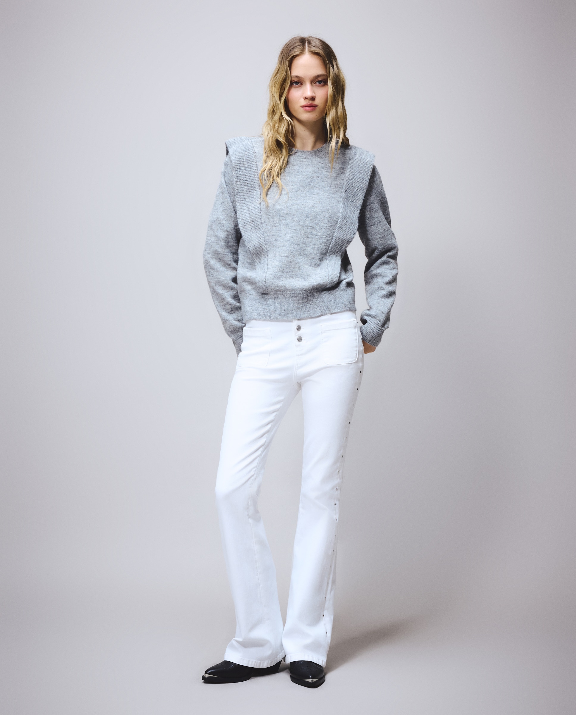 Camisola de Malha com Folhos Cinzento-claro-2