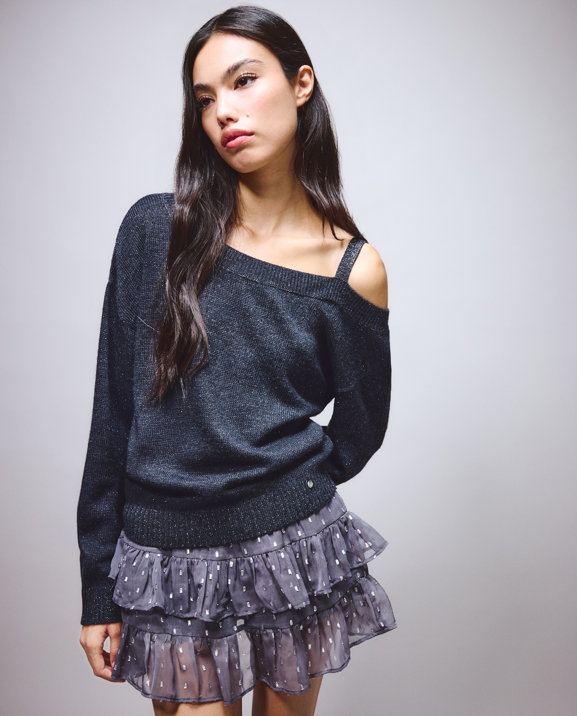 Jersey de mujer con hombro caído y lúrex - Green Coast - 830 Antracita 830 Antracita-1