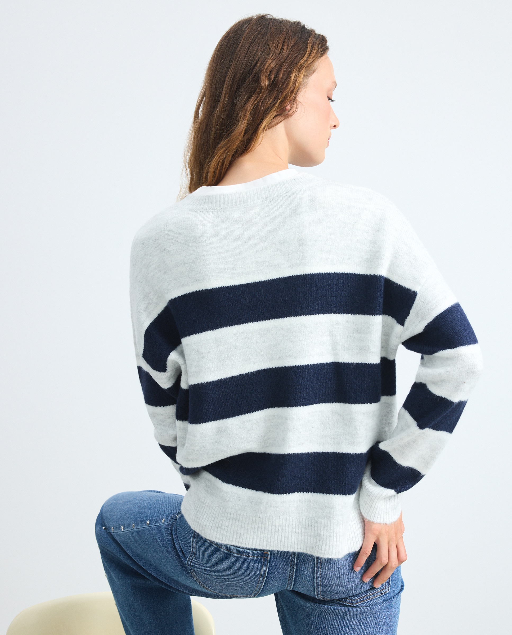 Camisola de malha oversize de mulher às riscas Cinzento-claro-3
