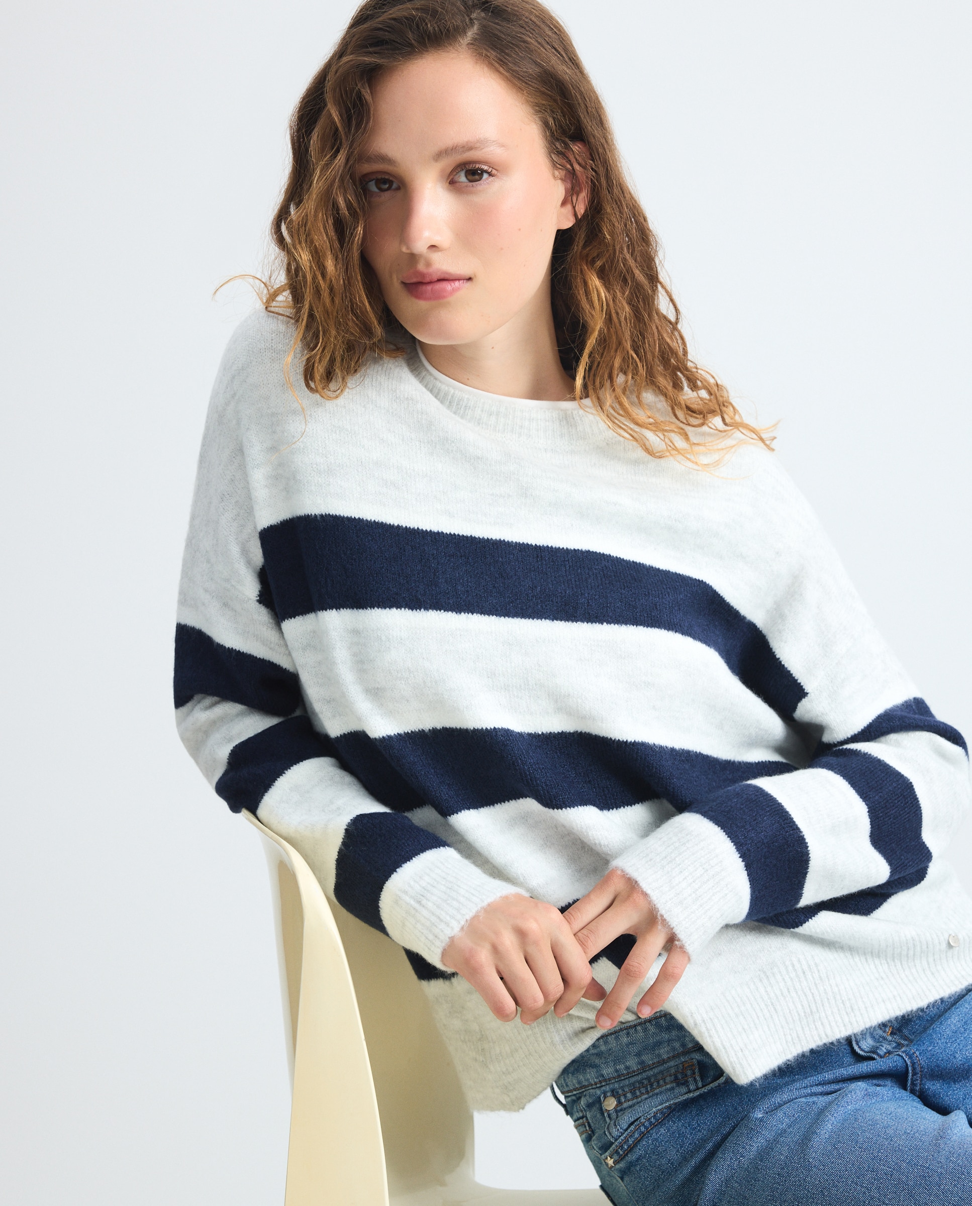 Camisola de malha oversize de mulher às riscas Cinzento-claro-4