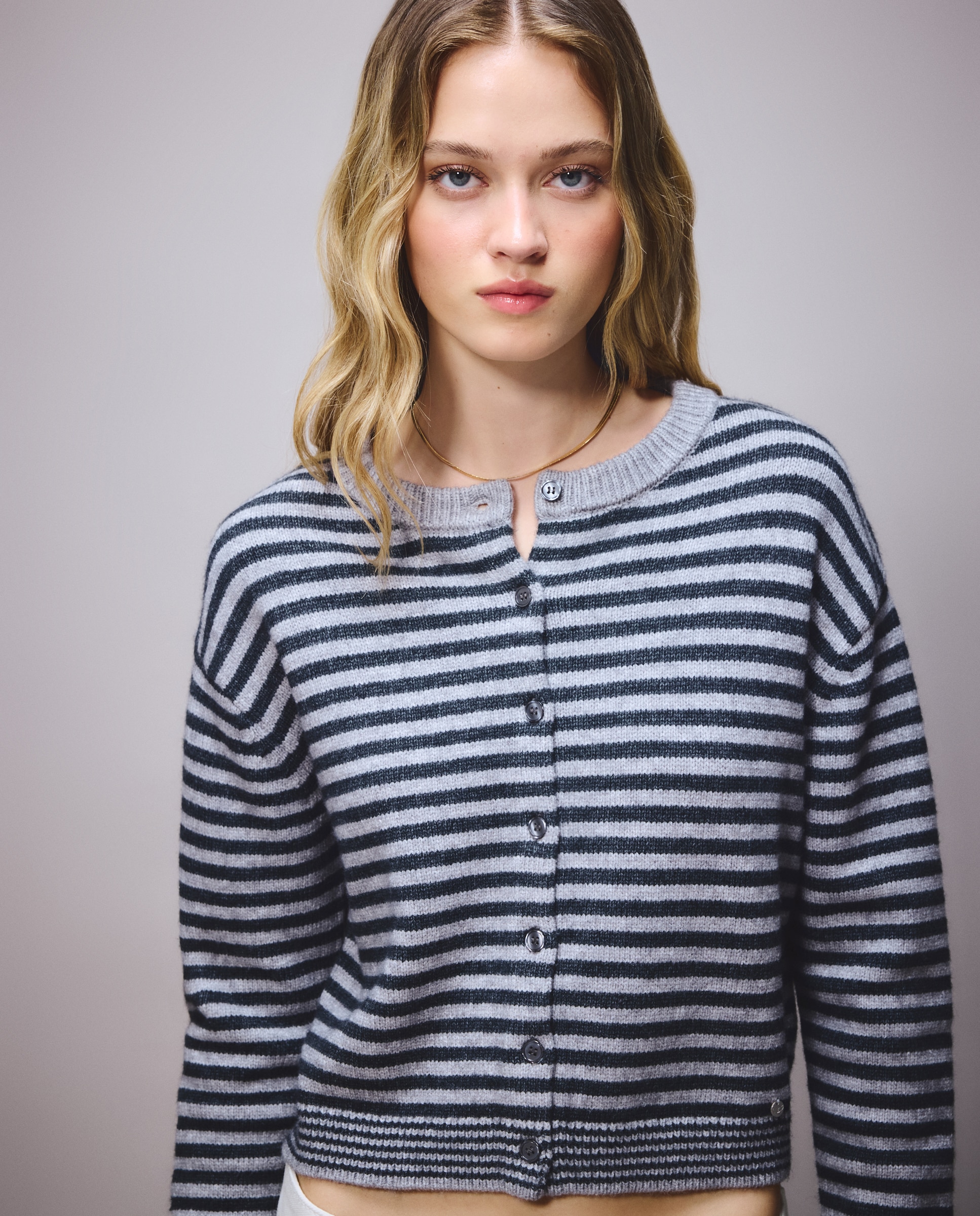 Cardigan com Lenço às Riscas Cinzento-claro-2