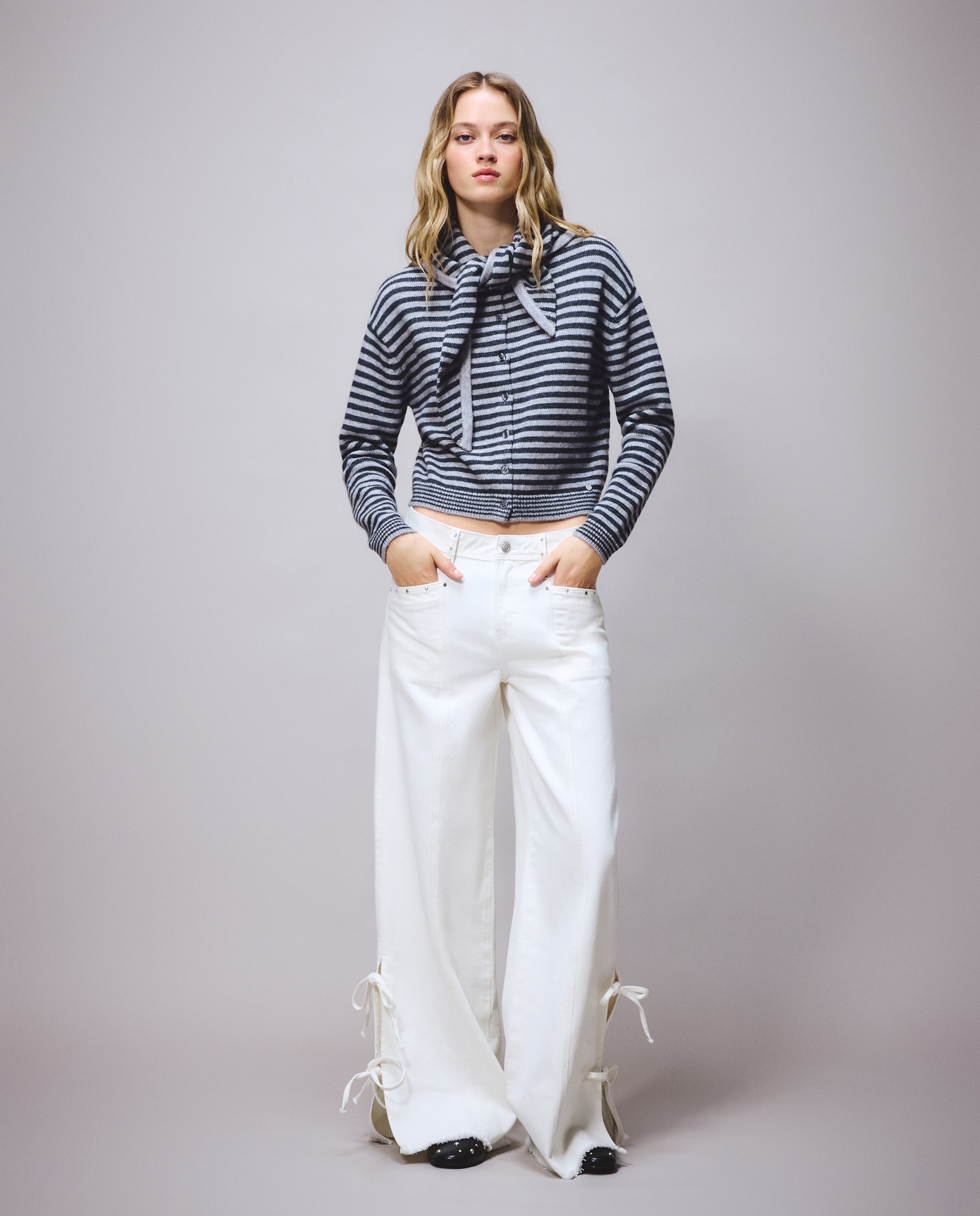 Cardigan com Lenço às Riscas Cinzento-claro-4