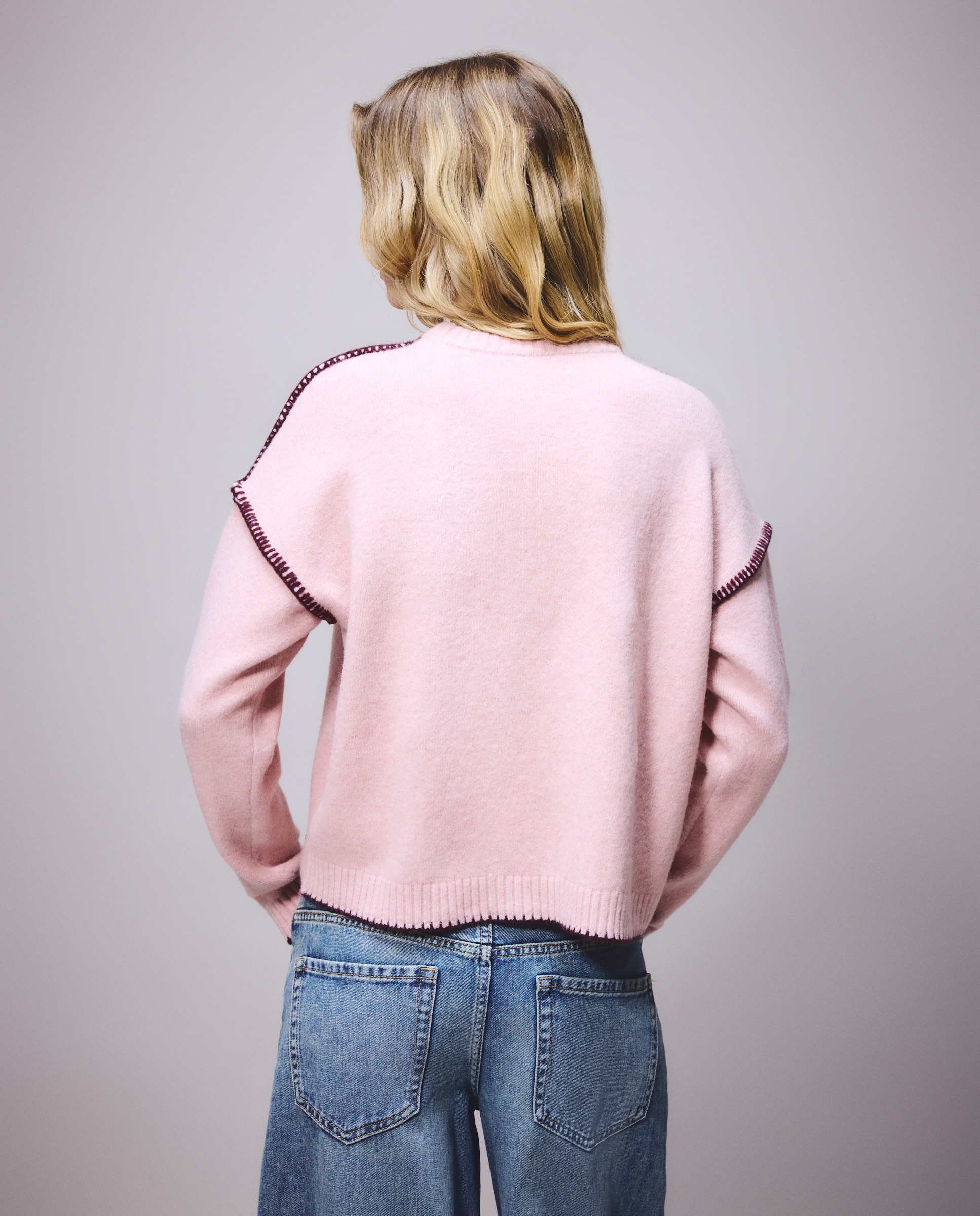 Camisola de Malha Lisa com Manga Comprida 220 Rosa Pálido-3