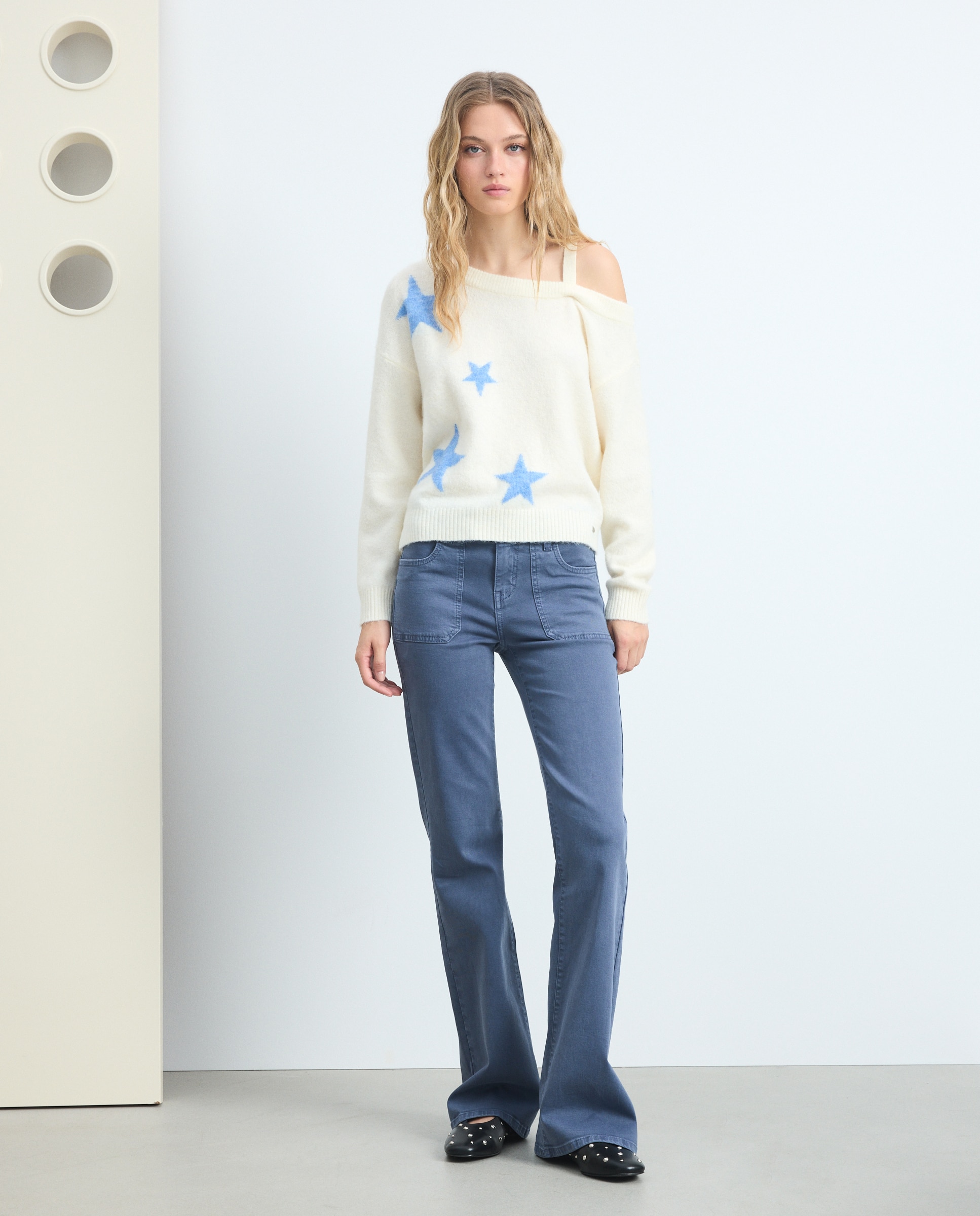 Camisola de Malha de Ombro Caído com Estampado 120 Cru-2
