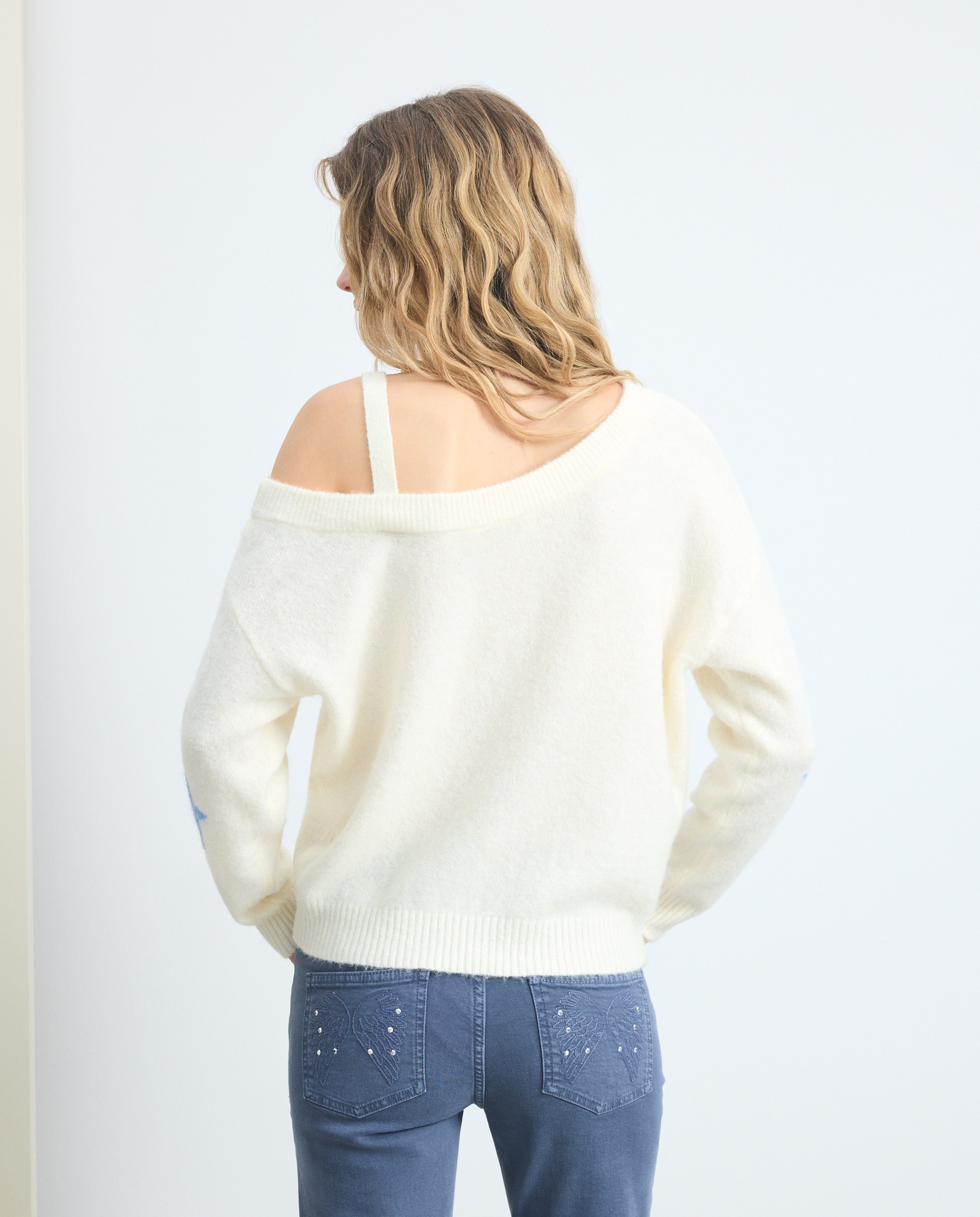 Camisola de Malha de Ombro Caído com Estampado 120 Cru-3
