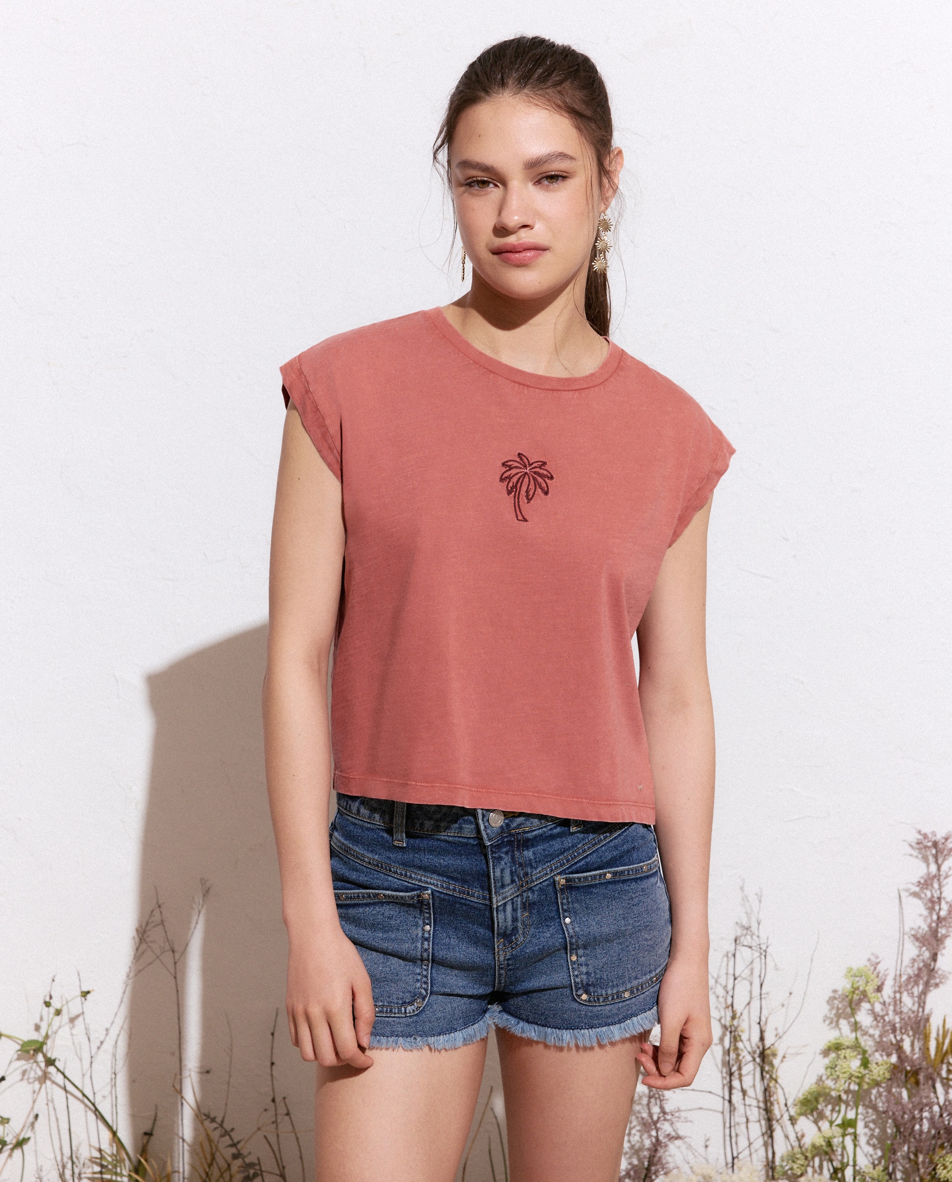 T-shirt sem Mangas com Bordado 770 Terracota-2