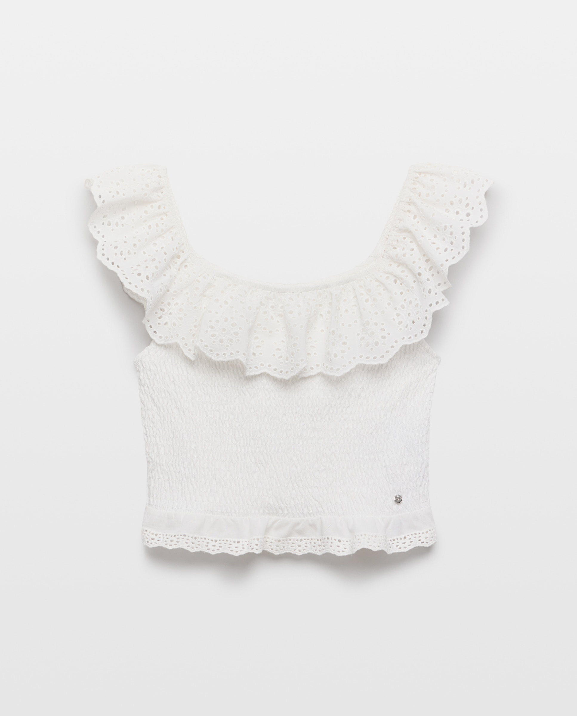 Top com Folho, Bordado Suíço e Corpo Smock Branco-4