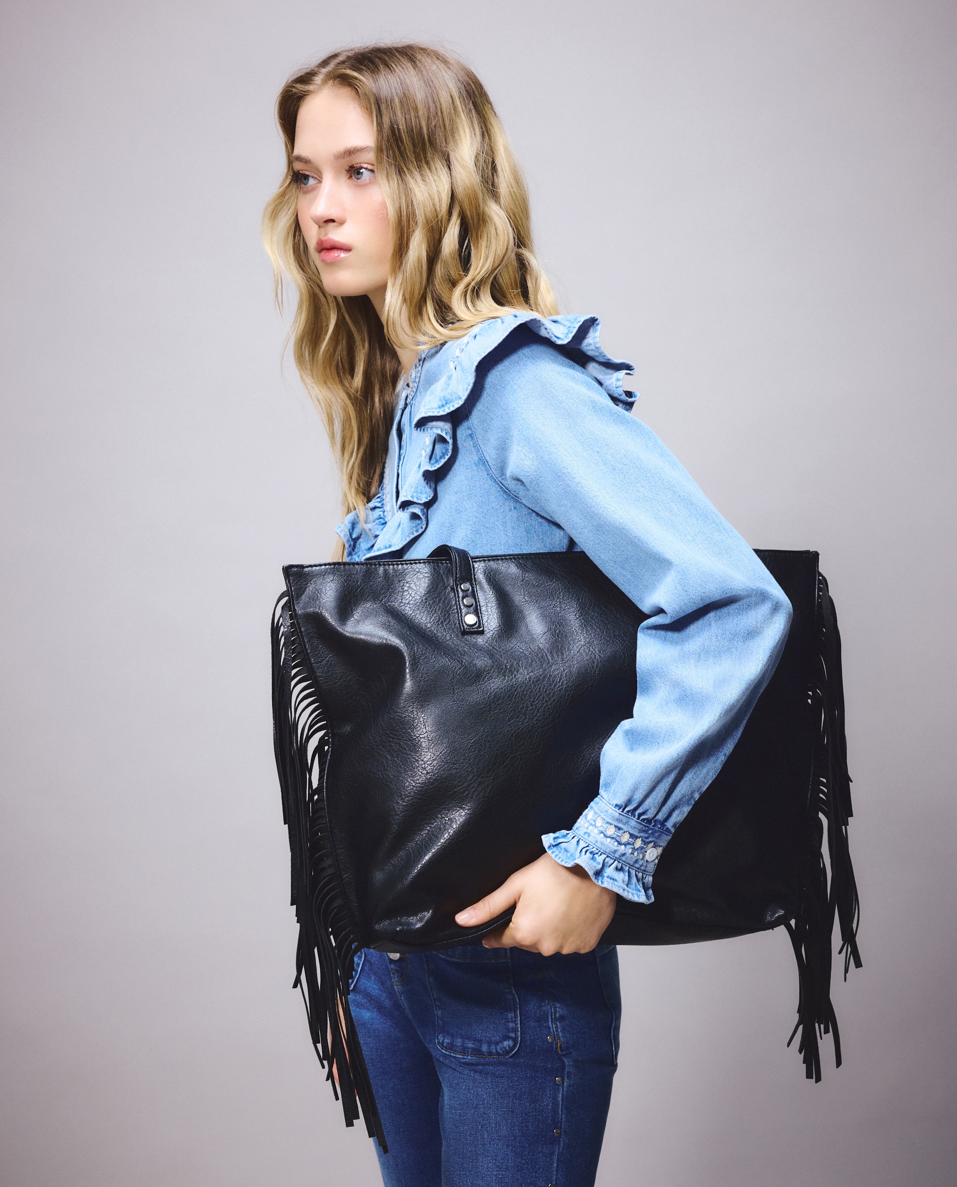 Mala Shopper com Franjas Preto-5