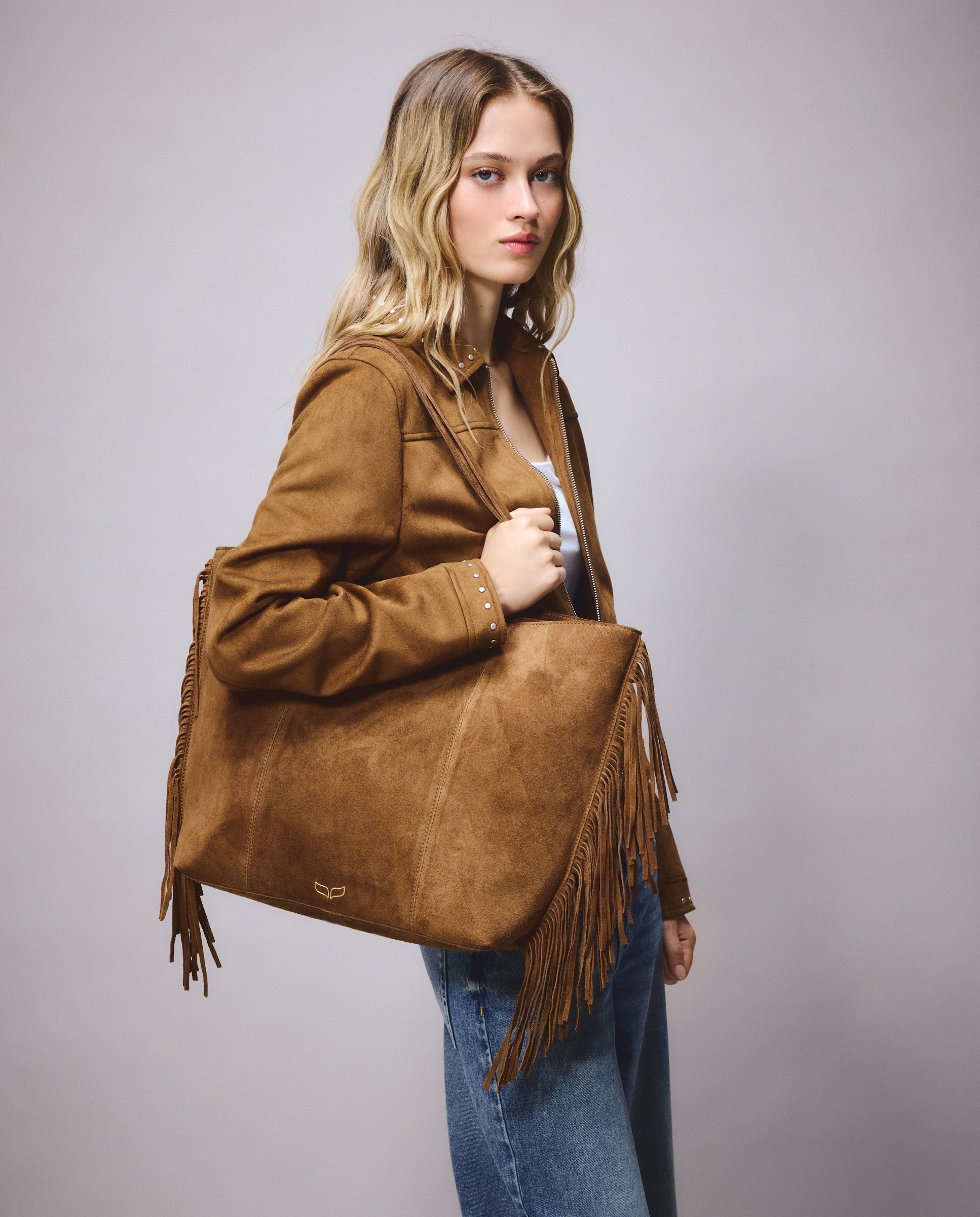 Mala Shopper com Franjas Castanho-5
