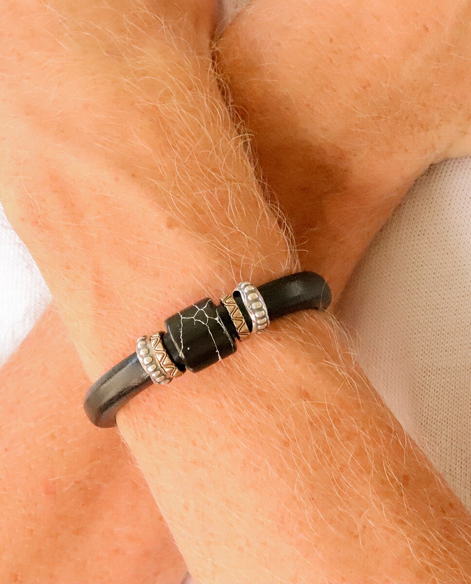 Pulsera Man de piel y plata - Plata de Palo - Negro Negro-2