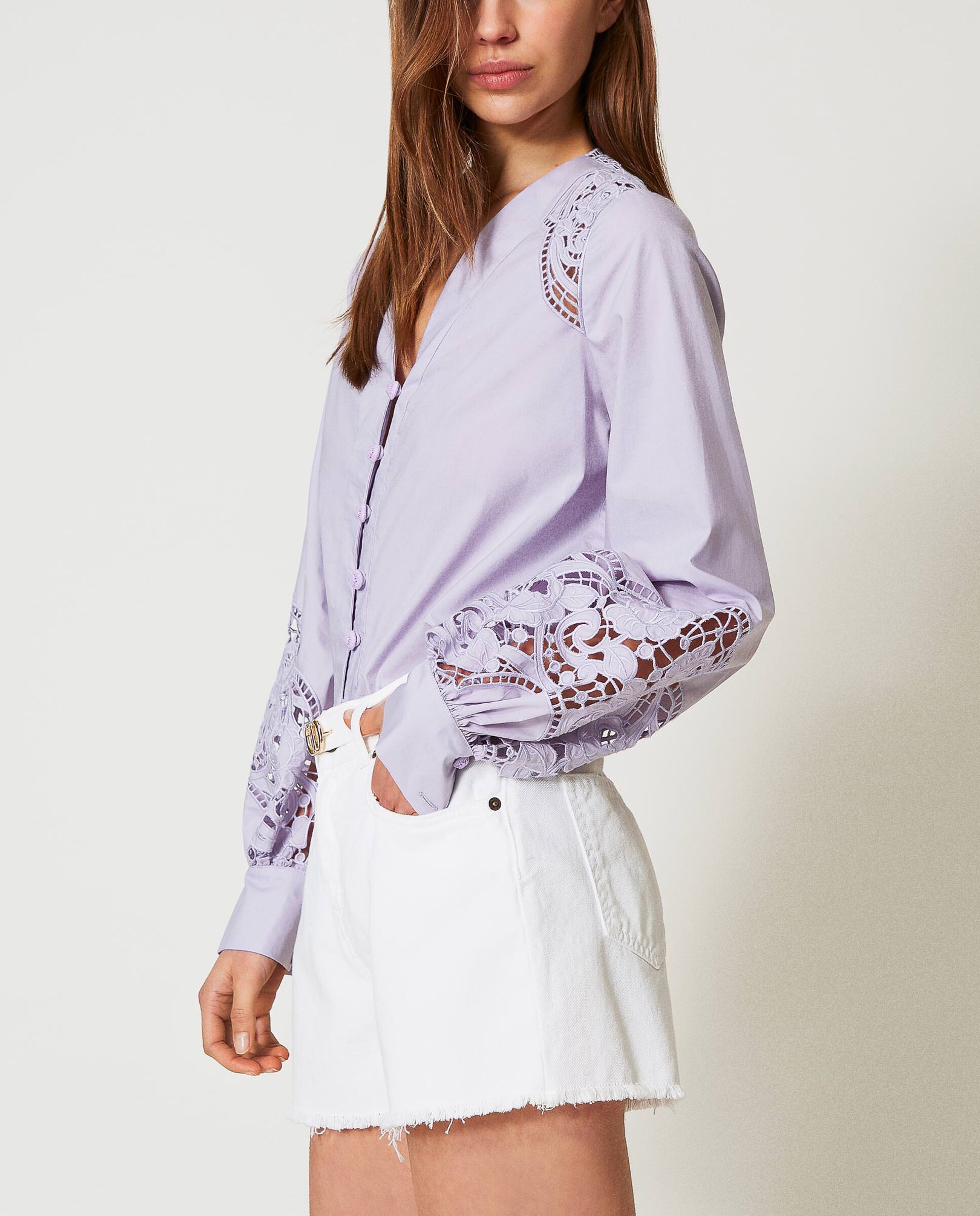 Camisa de mujer de popelina con bordado inglés - Twinset - Morado Morado-4