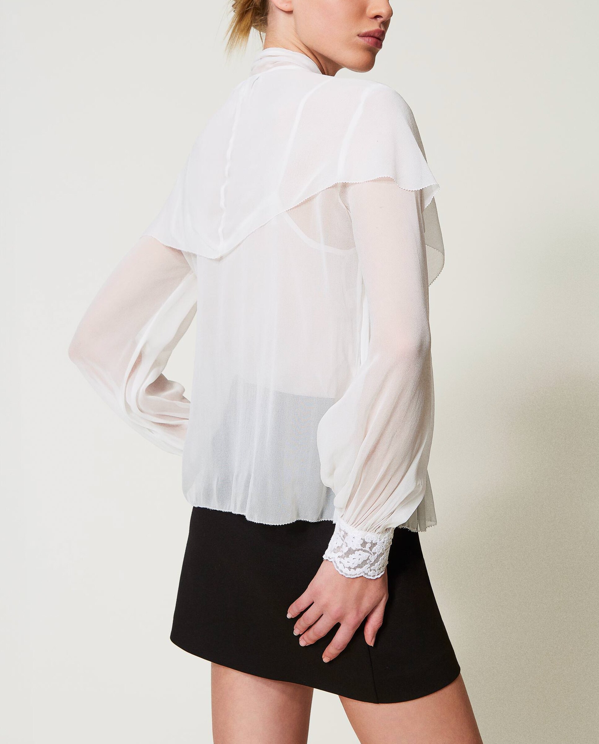 Blusa de mujer con volantes y encaje - Twinset - Blanco Blanco-2