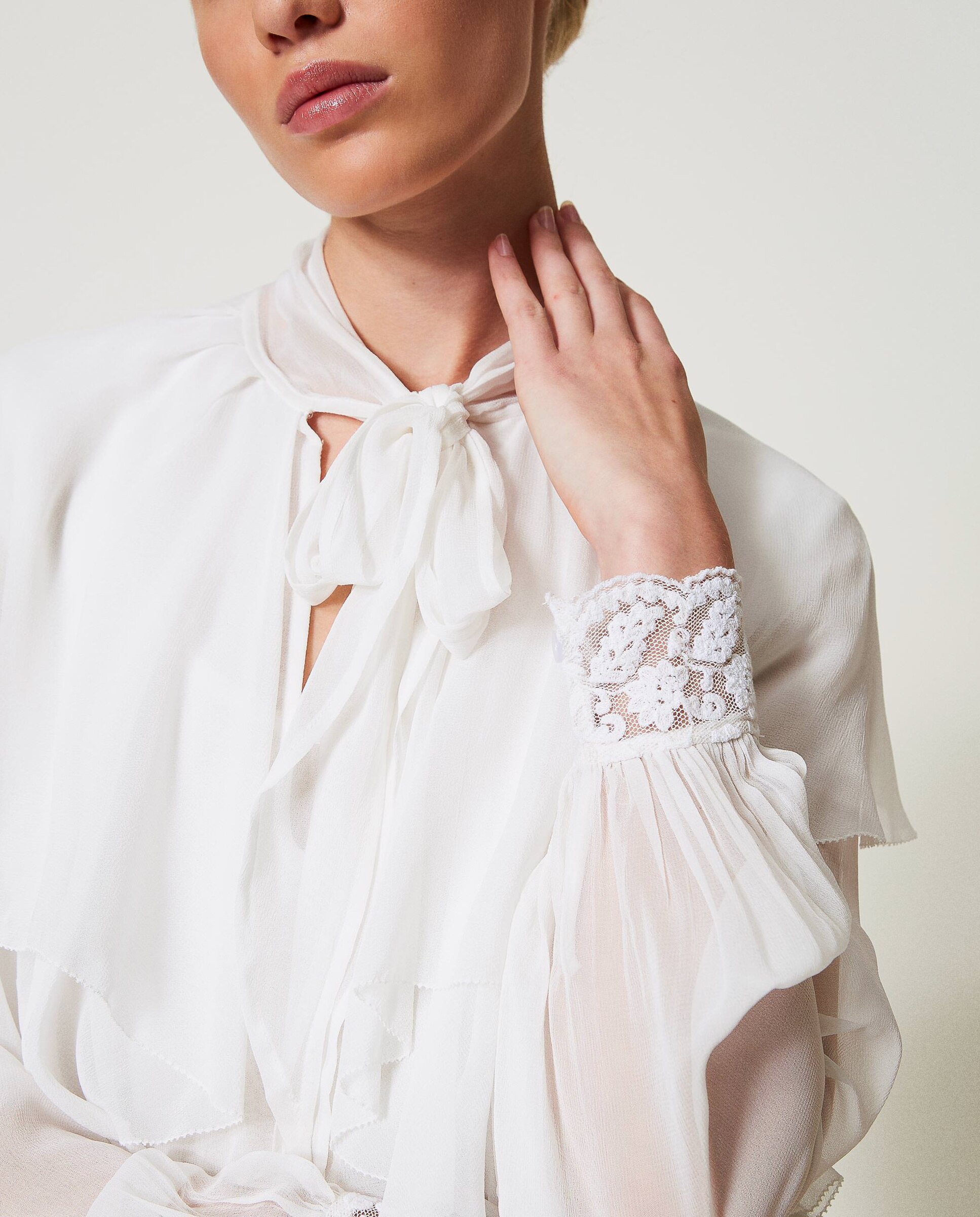Blusa de mujer con volantes y encaje - Twinset - Blanco Blanco-3