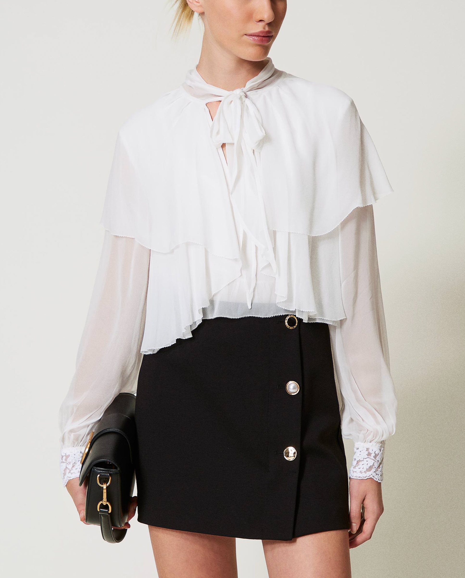 Blusa de mujer con volantes y encaje - Twinset - Blanco Blanco-4