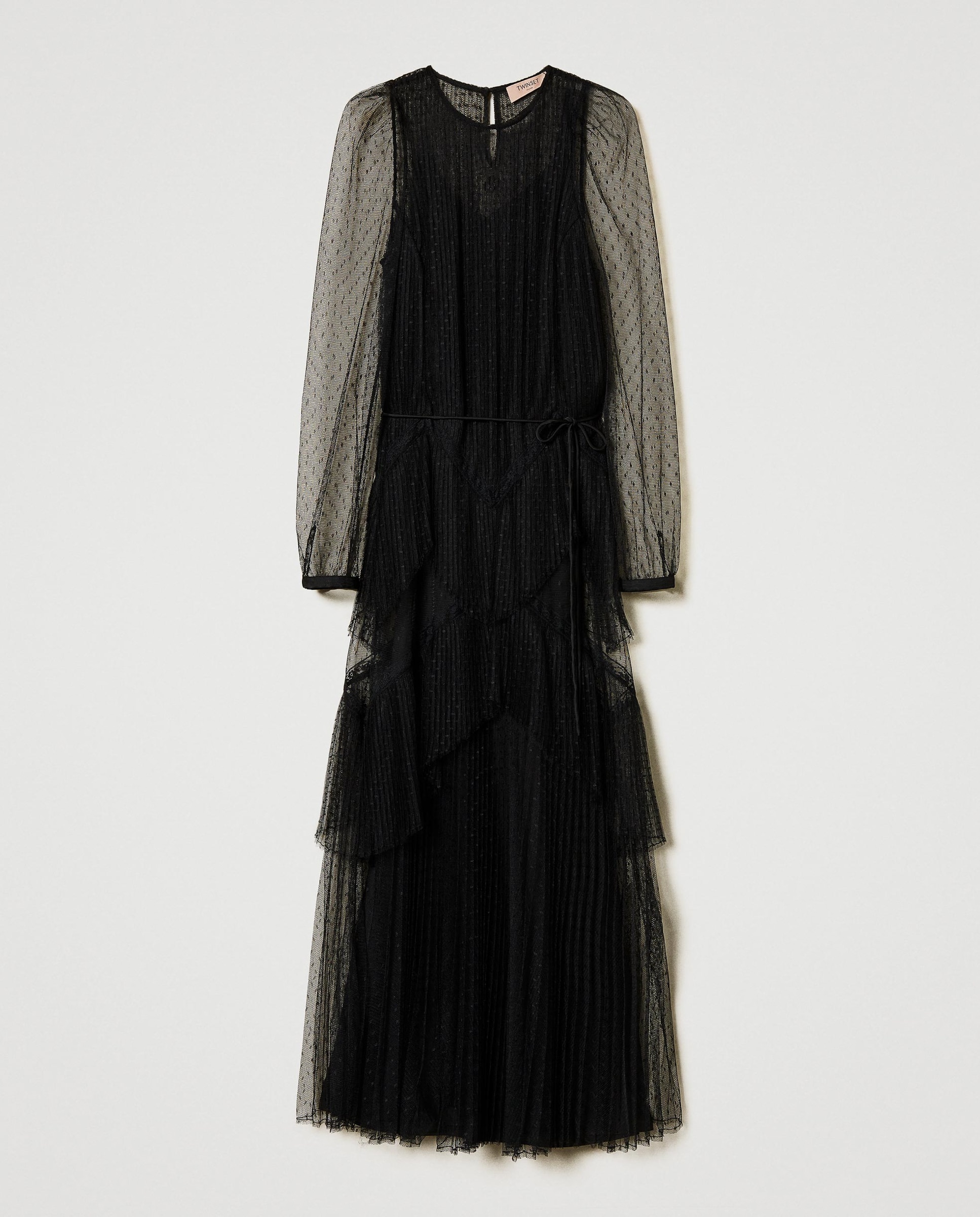 Vestido Comprido de Tule Plissado Preto-3