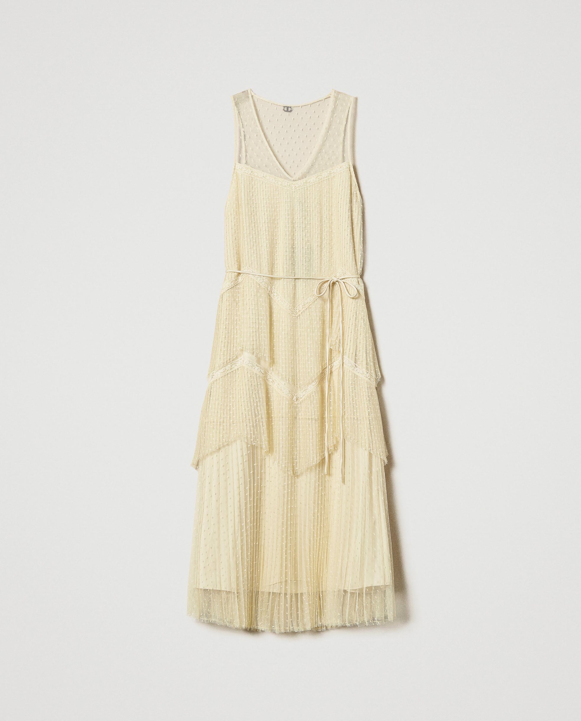 Vestido Comprido de Tule Plissado Amarelo-5