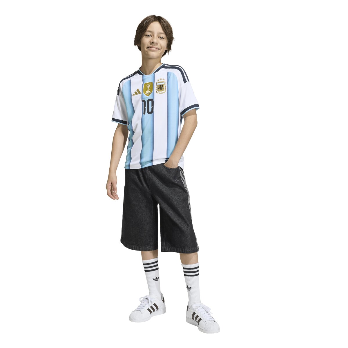 T-shirt de Criança 1.º Equipamento Argentina Mundial 2026 Messi Branco / Azul-3