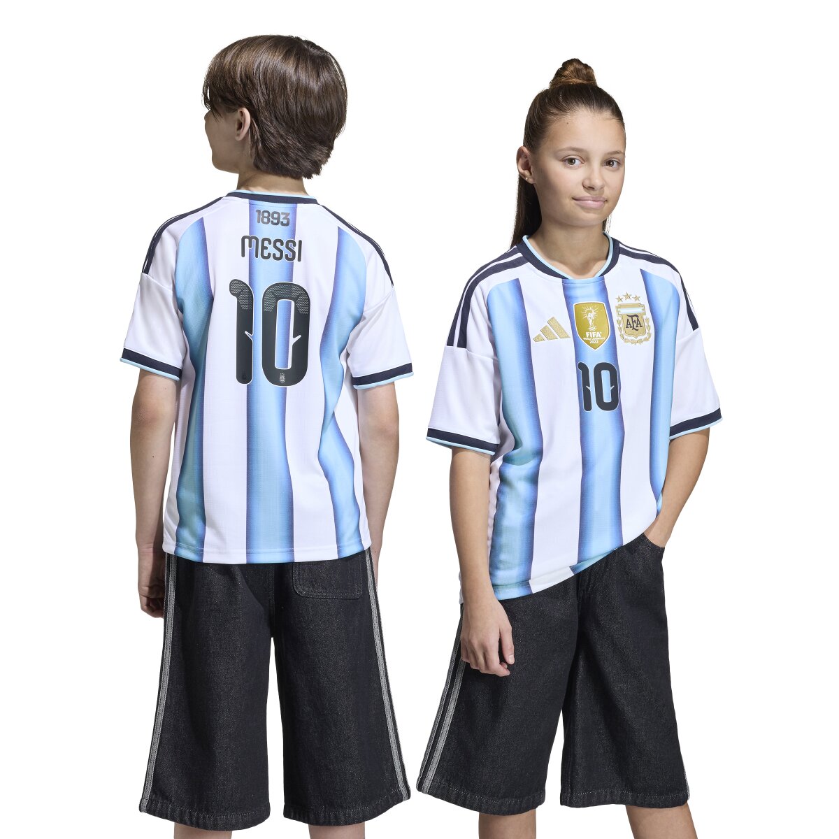 T-shirt de Criança 1.º Equipamento Argentina Mundial 2026 Messi Branco / Azul-7