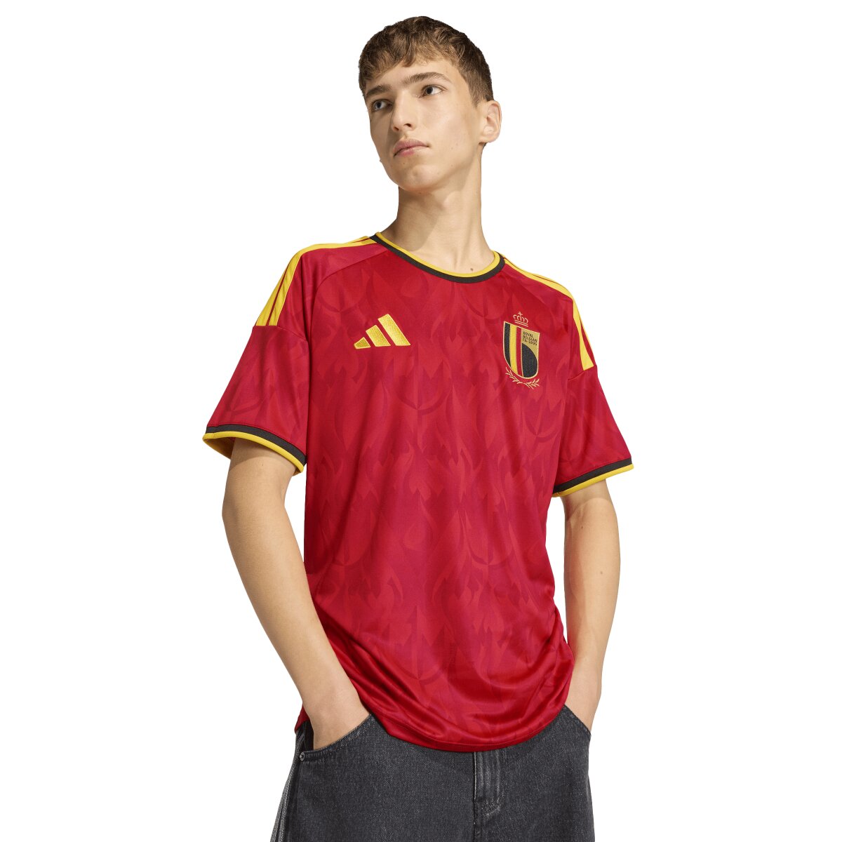 T-shirt de Homem 1.º Equipamento Bélgica Mundial 2026 Vermelho / Amarelo-4