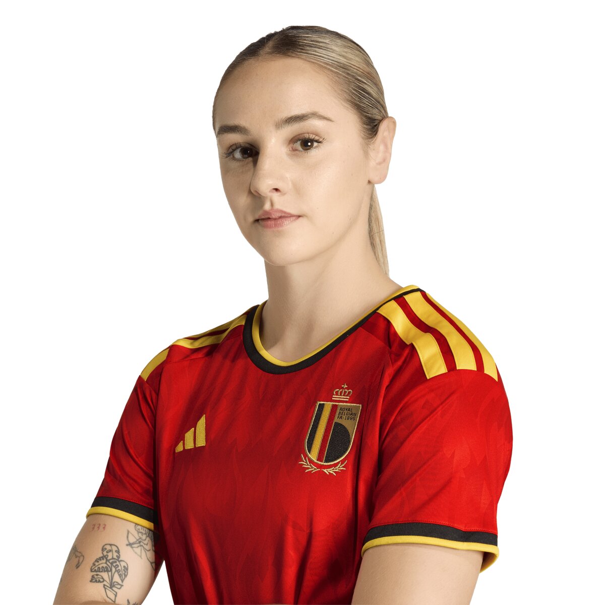T-shirt de Mulher 1.º Equipamento Bélgica Mundial 2026 Vermelho / Amarelo-5