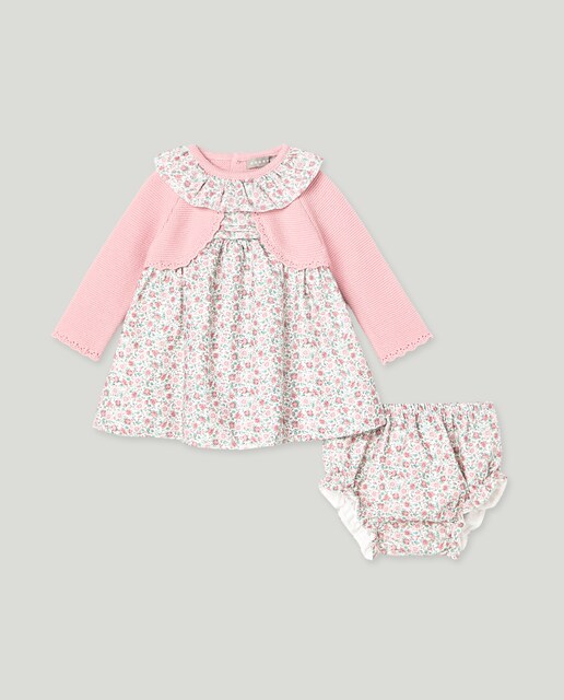 Imagem 0 de Vestido Tipo Casaco de Bebé em Mistura de Malha e Tecido Plano com Estampado