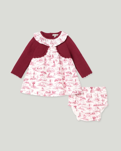 Imagem 0 de Vestido Tipo Casaco de Bebé em Mistura de Malha e Tecido Plano com Estampado