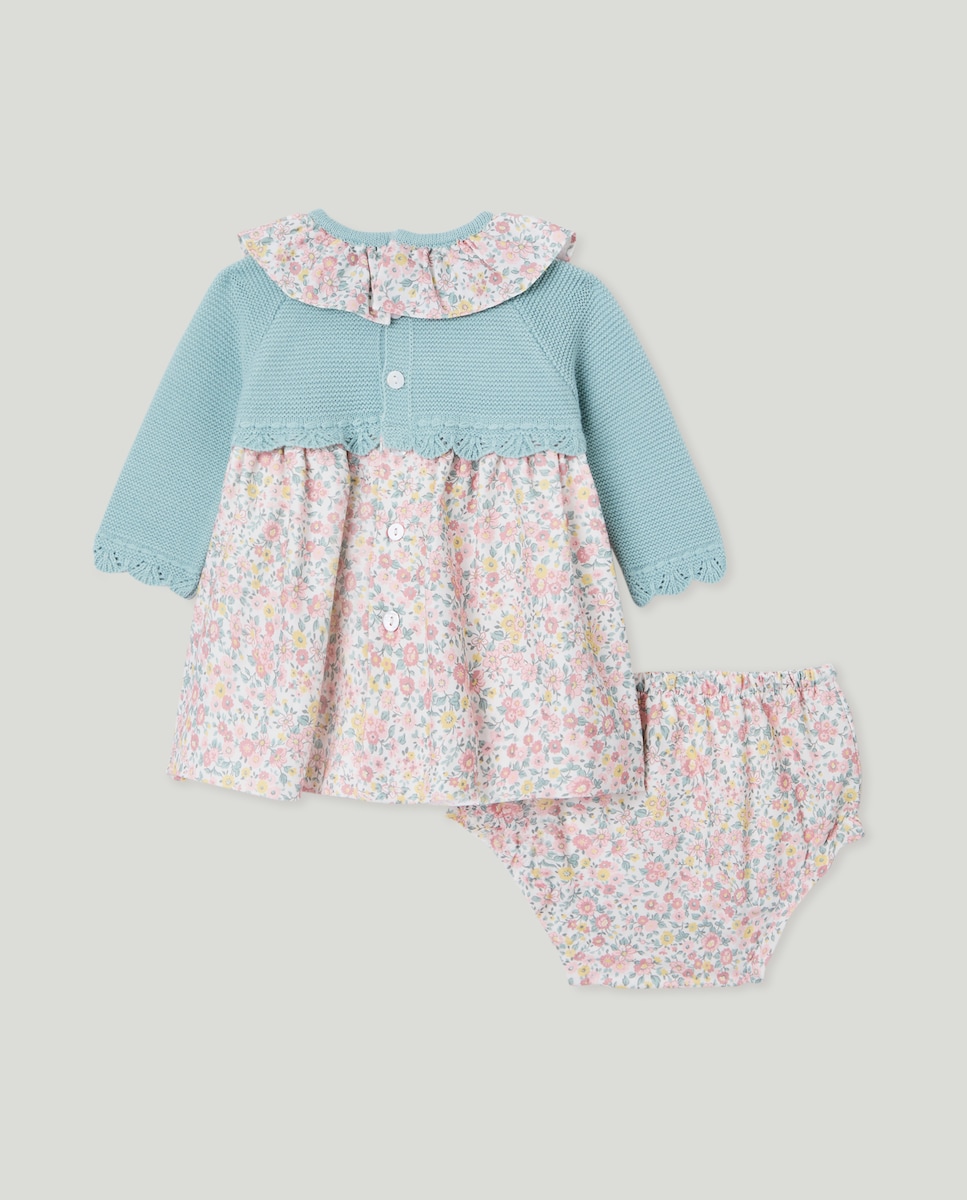Vestido Estampado de Bebé em Mistura de Malha e Tecido Plano Verde-2
