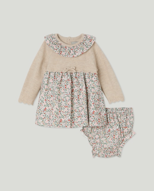 Imagen 0 de Vestido mezcla de punto y plana estampado de bebé