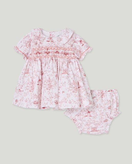 Imagem 0 de Vestido de Estampado Toile de Bebé com Manga Curta, Gola e Favos de Mel Feitos à Mão