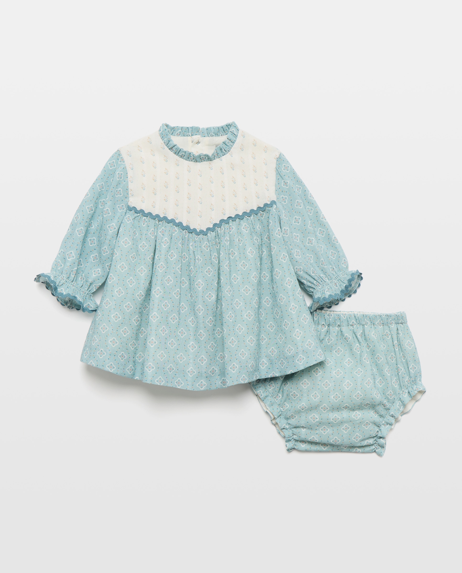Vestido Estampado de Bebé com Manga Comprida, Gola com Folho e Peitilho em Contraste Coconut El Corte Inglés Verde-1