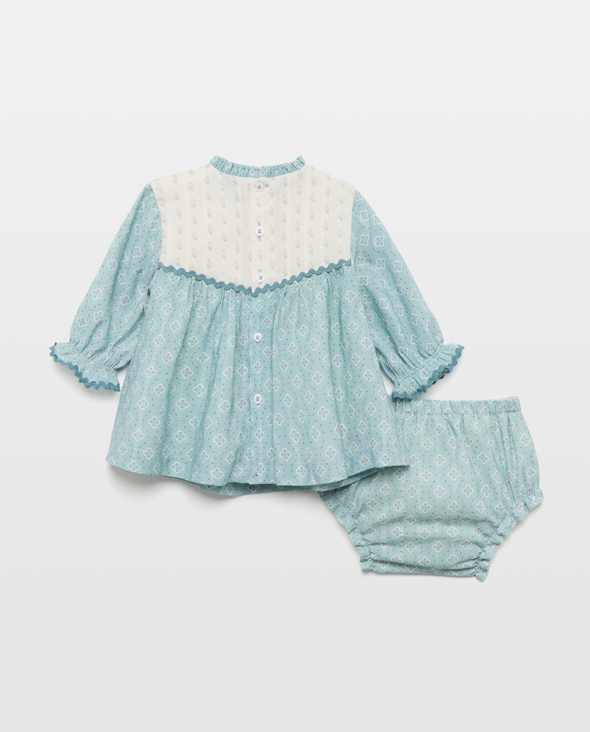 Vestido Estampado de Bebé com Manga Comprida, Gola com Folho e Peitilho em Contraste Coconut El Corte Inglés Verde-2