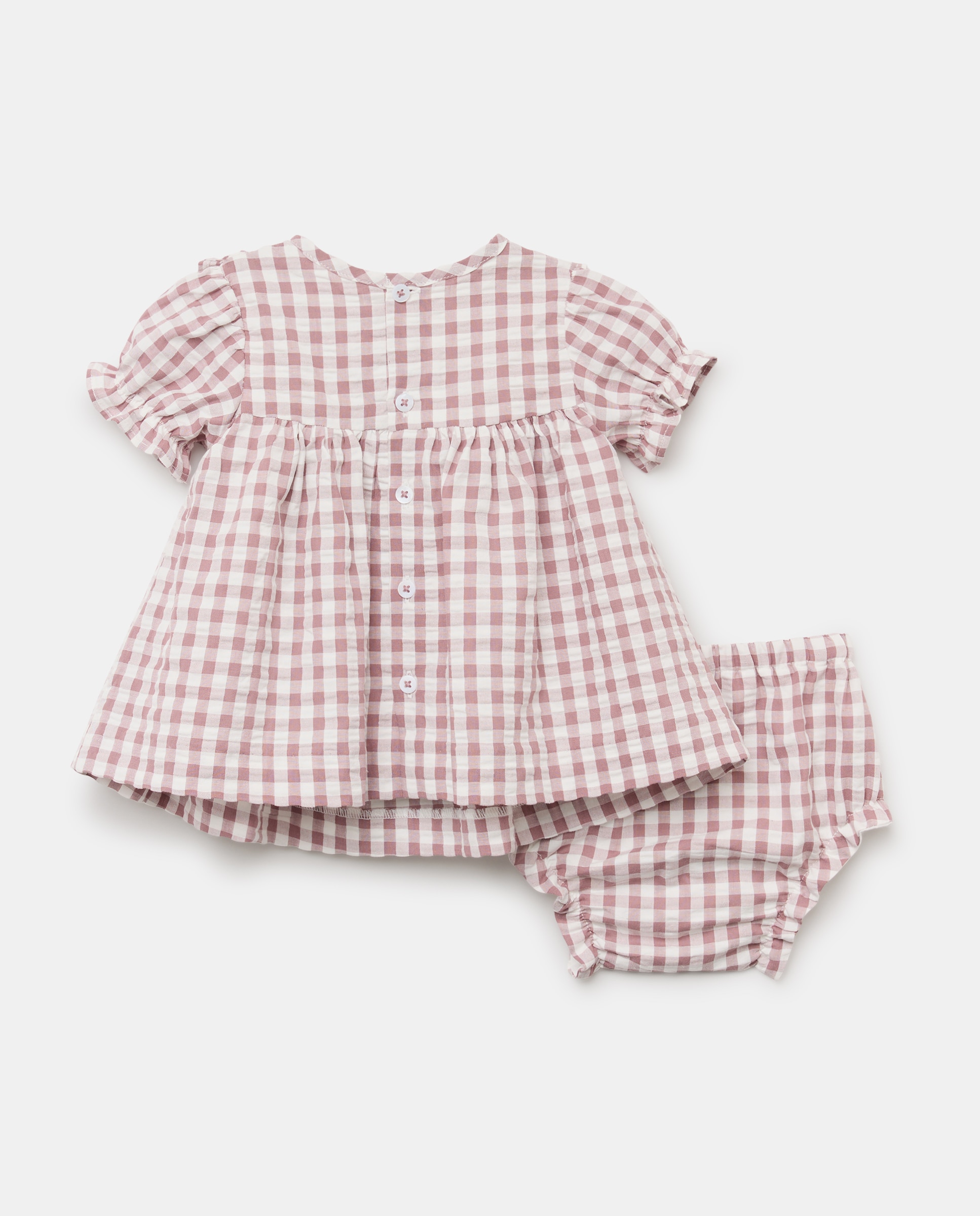 Vestido Vichy de Bebé em Seersucker com Manga Curta, Gola com Folho e Bordado à Mão Coconut El Corte Inglés Vermelho-2