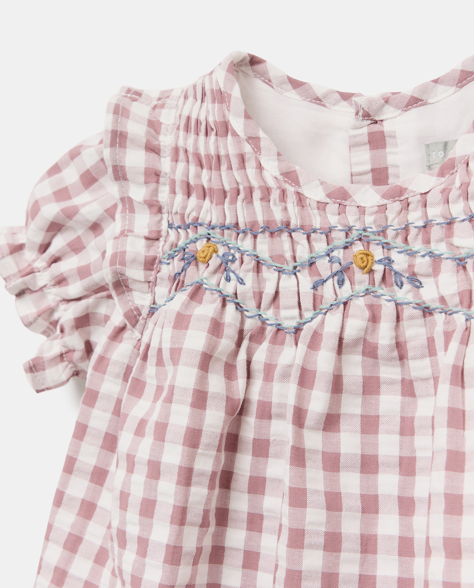 Vestido Vichy de Bebé em Seersucker com Manga Curta, Gola com Folho e Bordado à Mão Coconut El Corte Inglés Vermelho-3