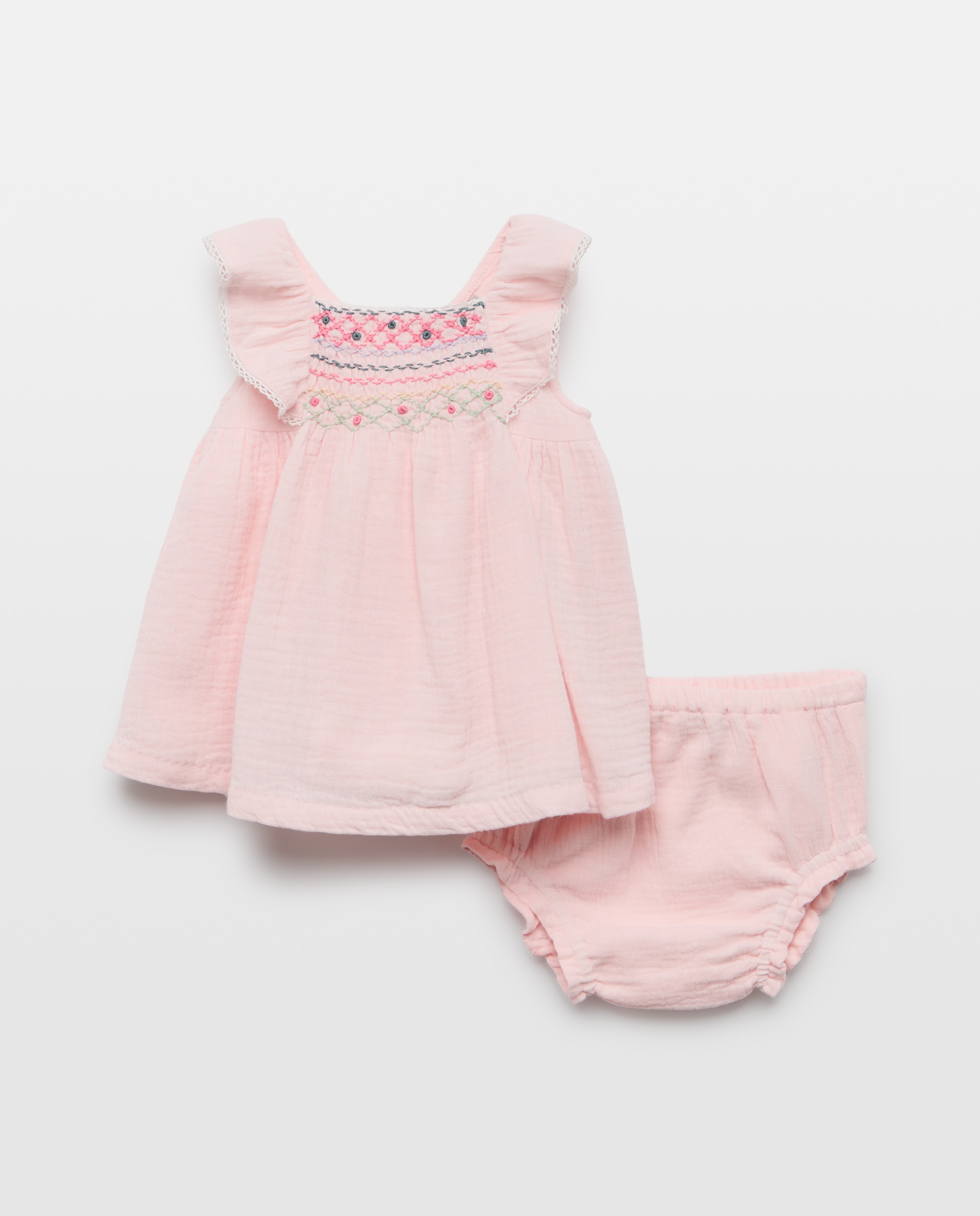 Vestido sin mangas de nido de abeja con cuello volante lateral para bebé 200 Rosa