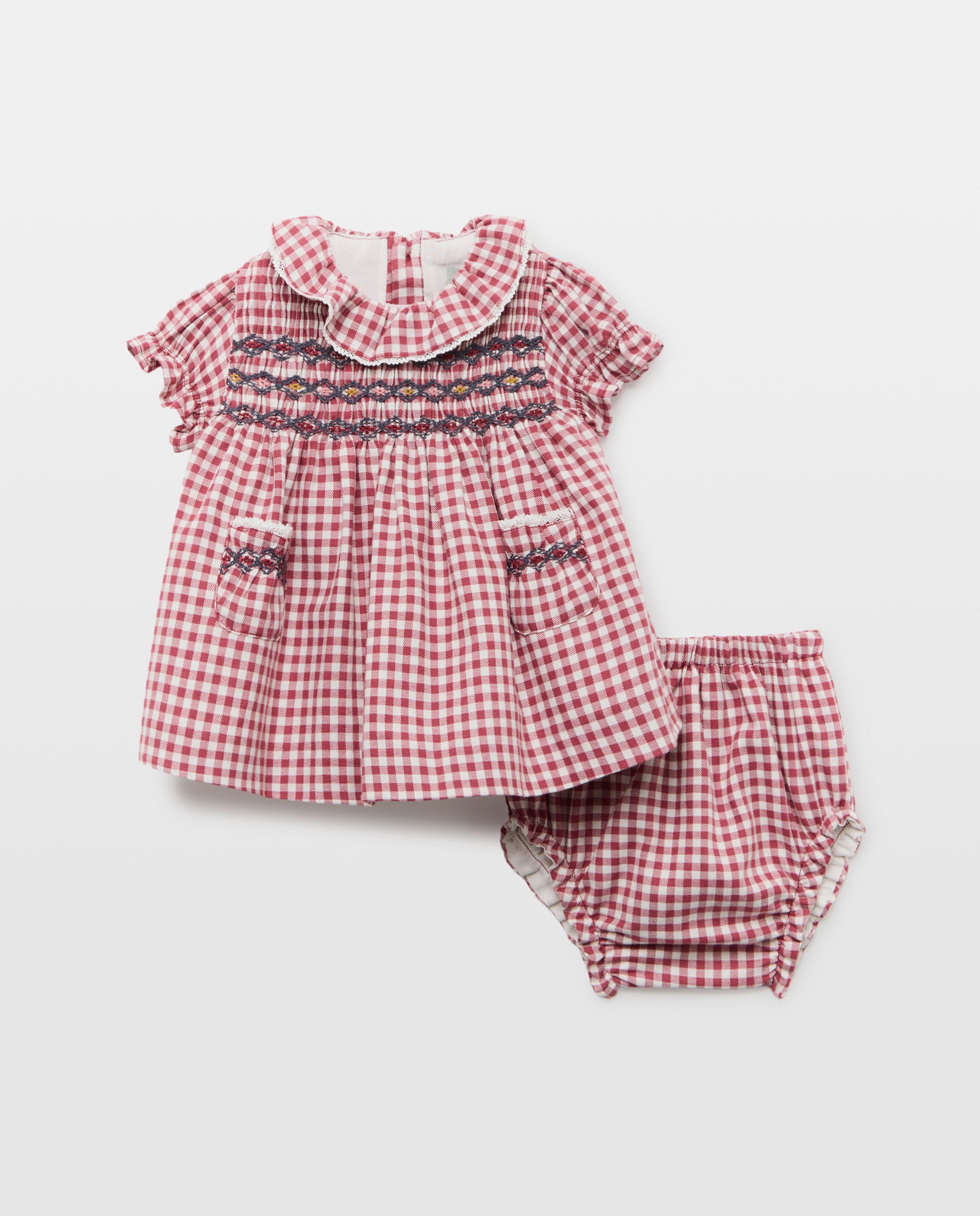 Vestido manga corta vichy cuello gola tira bordada nido de abeja frontal y bolsillos de bebé - Coconut El Corte Inglés - Rojo Rojo-1