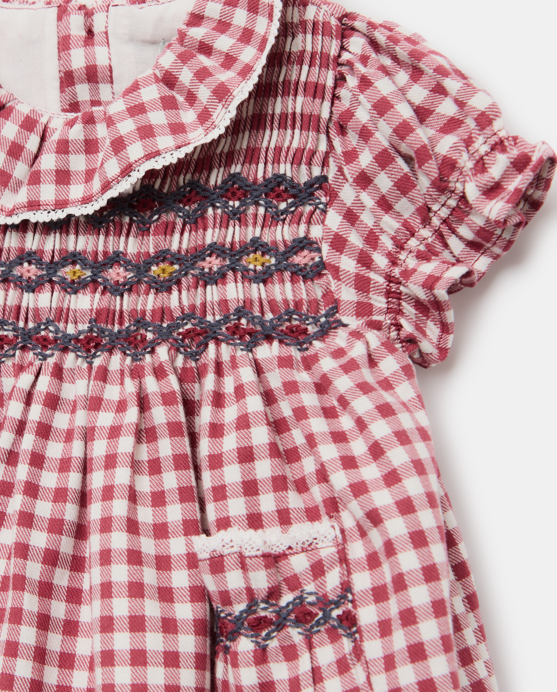 Vestido manga corta vichy cuello gola tira bordada nido de abeja frontal y bolsillos de bebé - Coconut El Corte Inglés - Rojo Rojo-3