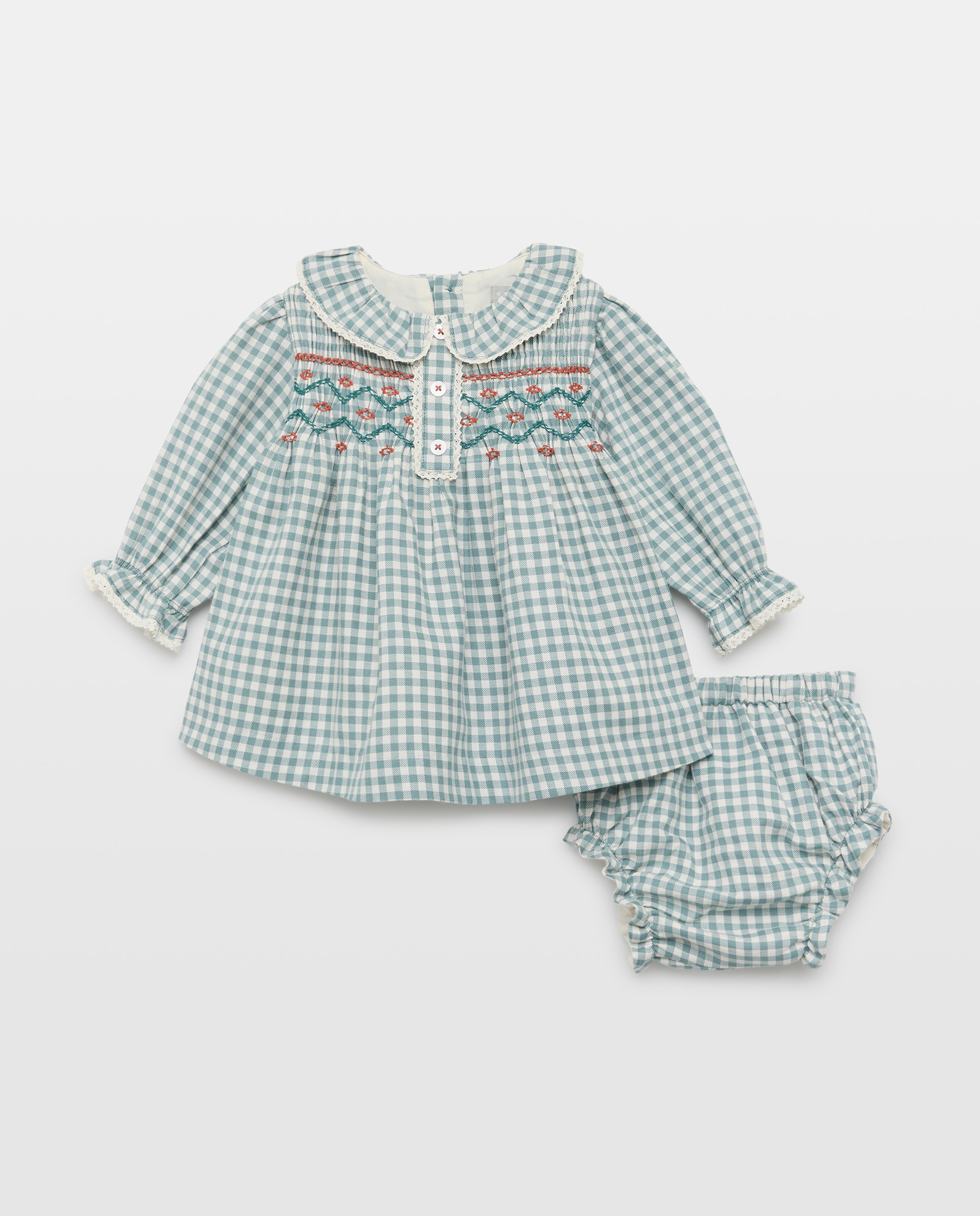 Vestido manga larga vichy cuello gola tira bordada nido de abeja frontal de bebé - Coconut El Corte Inglés - Verde Verde-1
