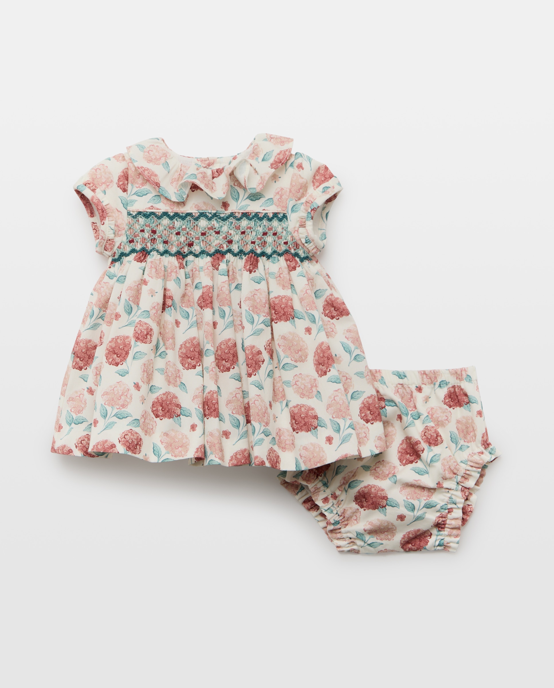 Vestido manga corta cuello gola nido de abeja mano all over print flor hortensia de bebé - Coconut El Corte Inglés - Rosa Rosa-1