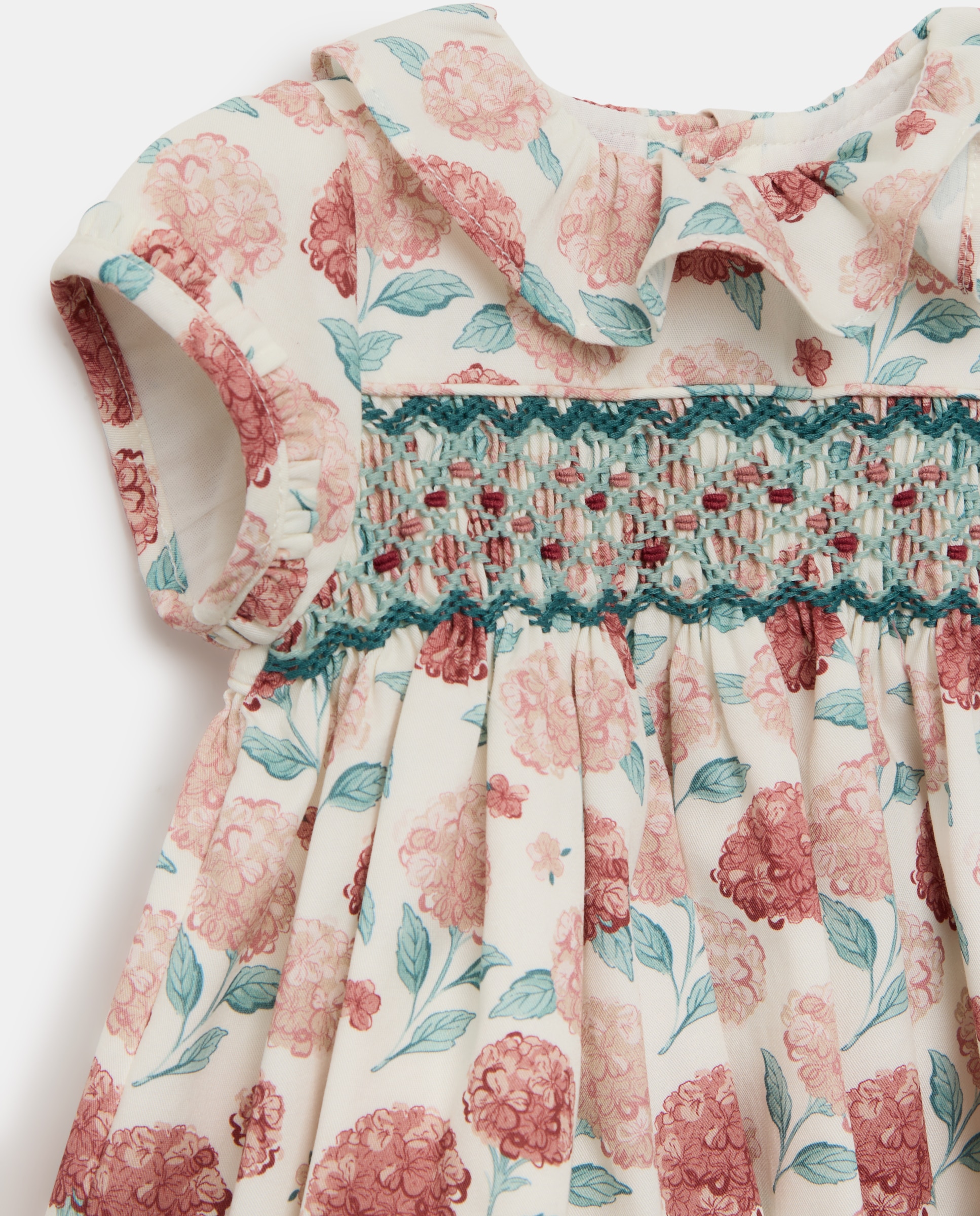 Vestido manga corta cuello gola nido de abeja mano all over print flor hortensia de bebé - Coconut El Corte Inglés - Rosa Rosa-3