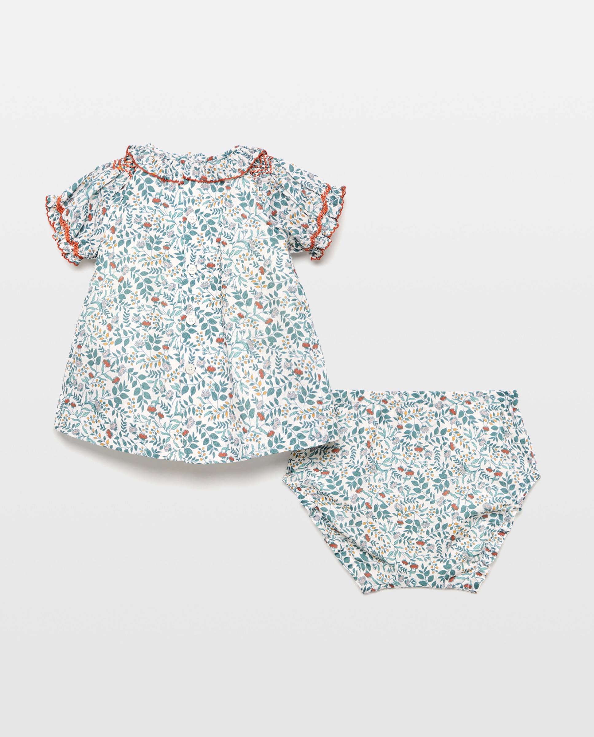 Vestido de Bebé com Favos de Mel e Estampado Floral Verde-2