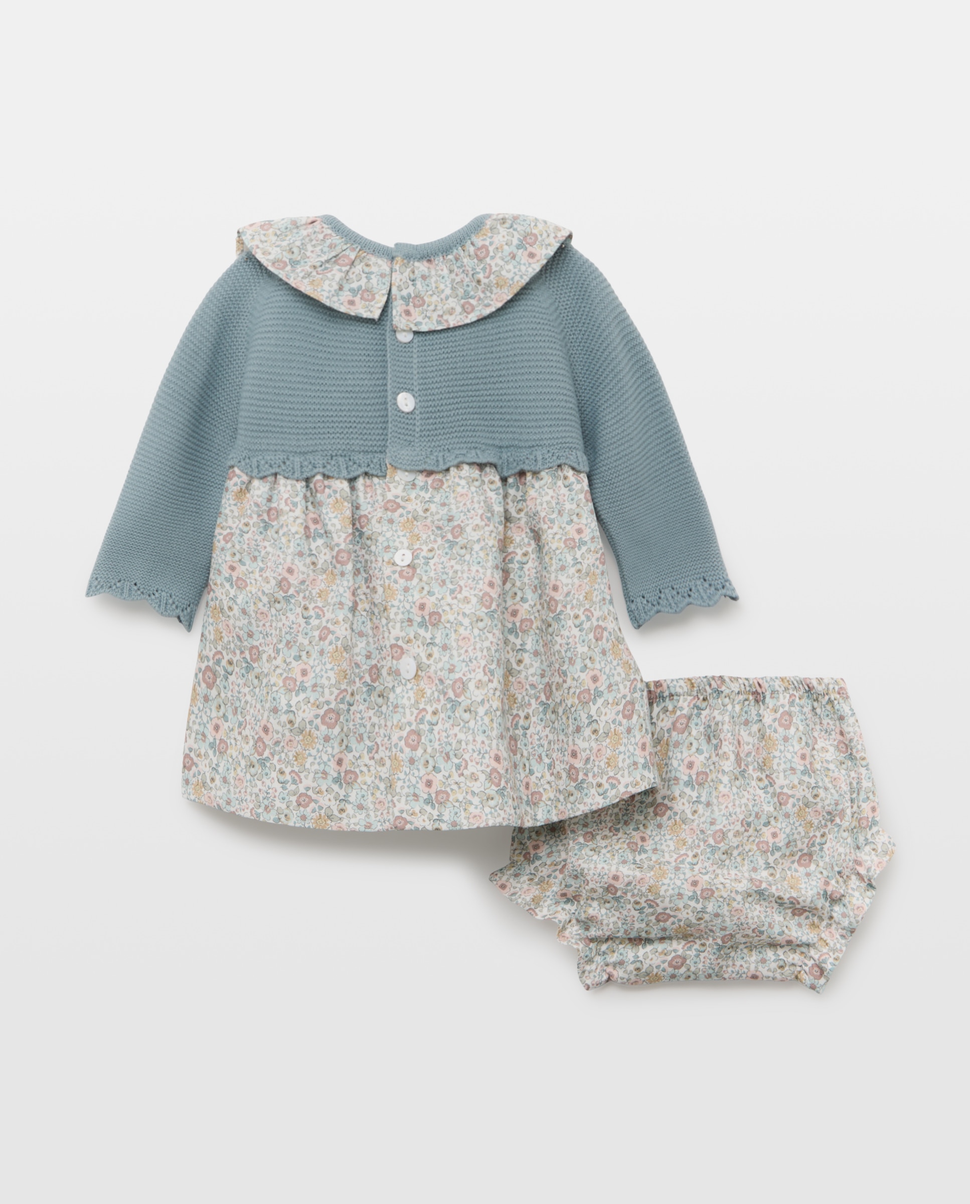 Vestido de Tricot e Tecido Plano de Bebé com Estampado Floral Verde-2