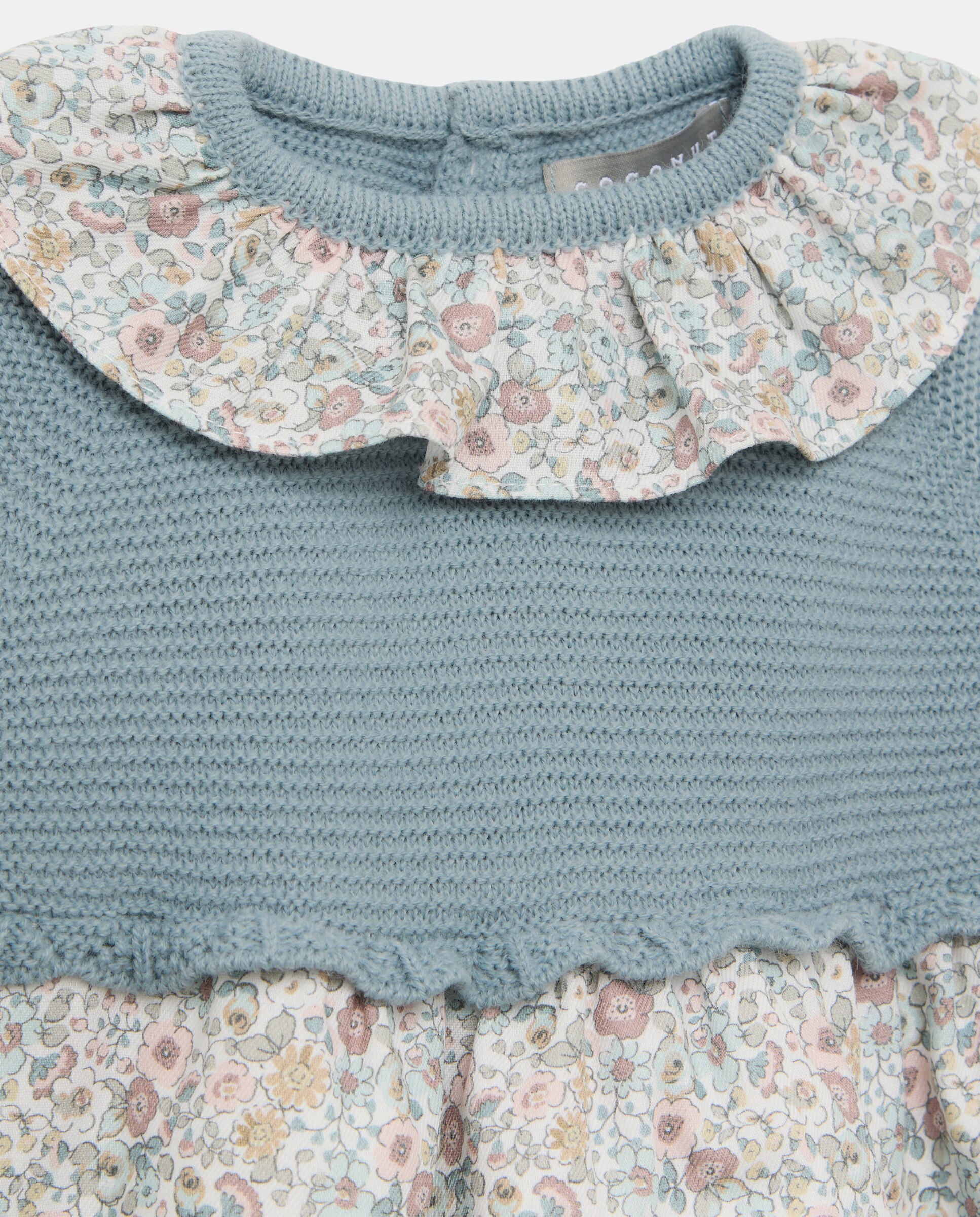 Vestido de Tricot e Tecido Plano de Bebé com Estampado Floral Verde-3