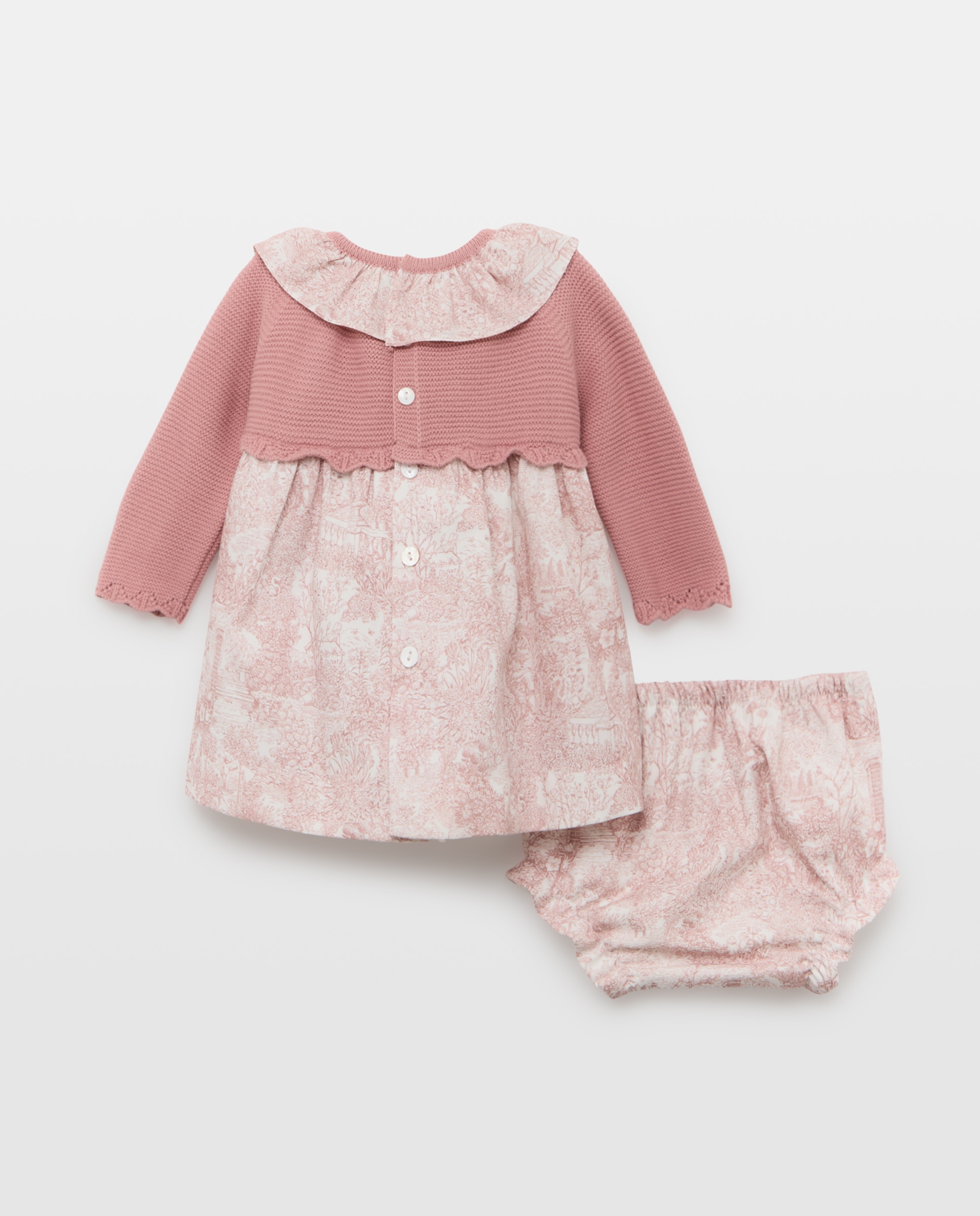 Vestido de Tricot e Tecido Plano de Bebé com Estampado Floral Rosa-2