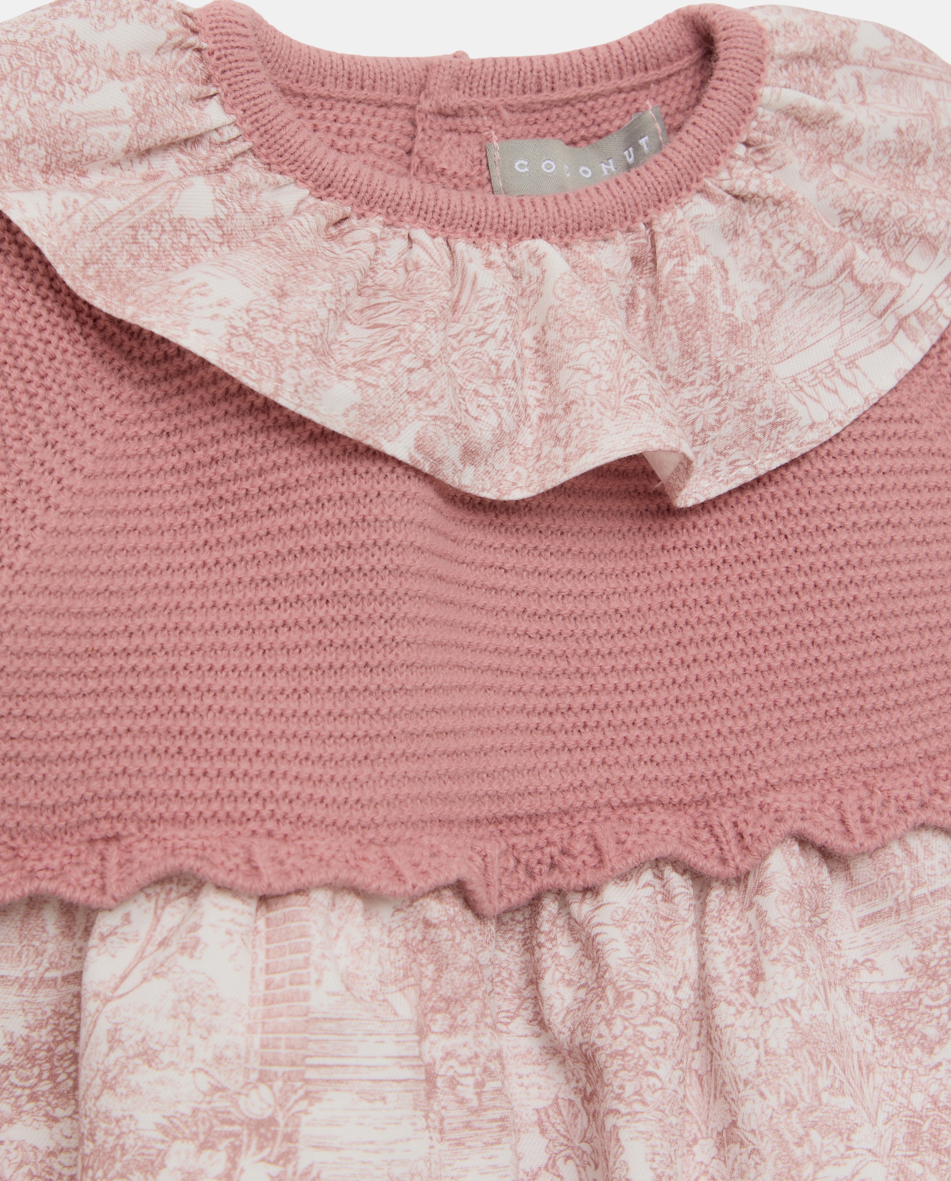 Vestido de Tricot e Tecido Plano de Bebé com Estampado Floral Rosa-3