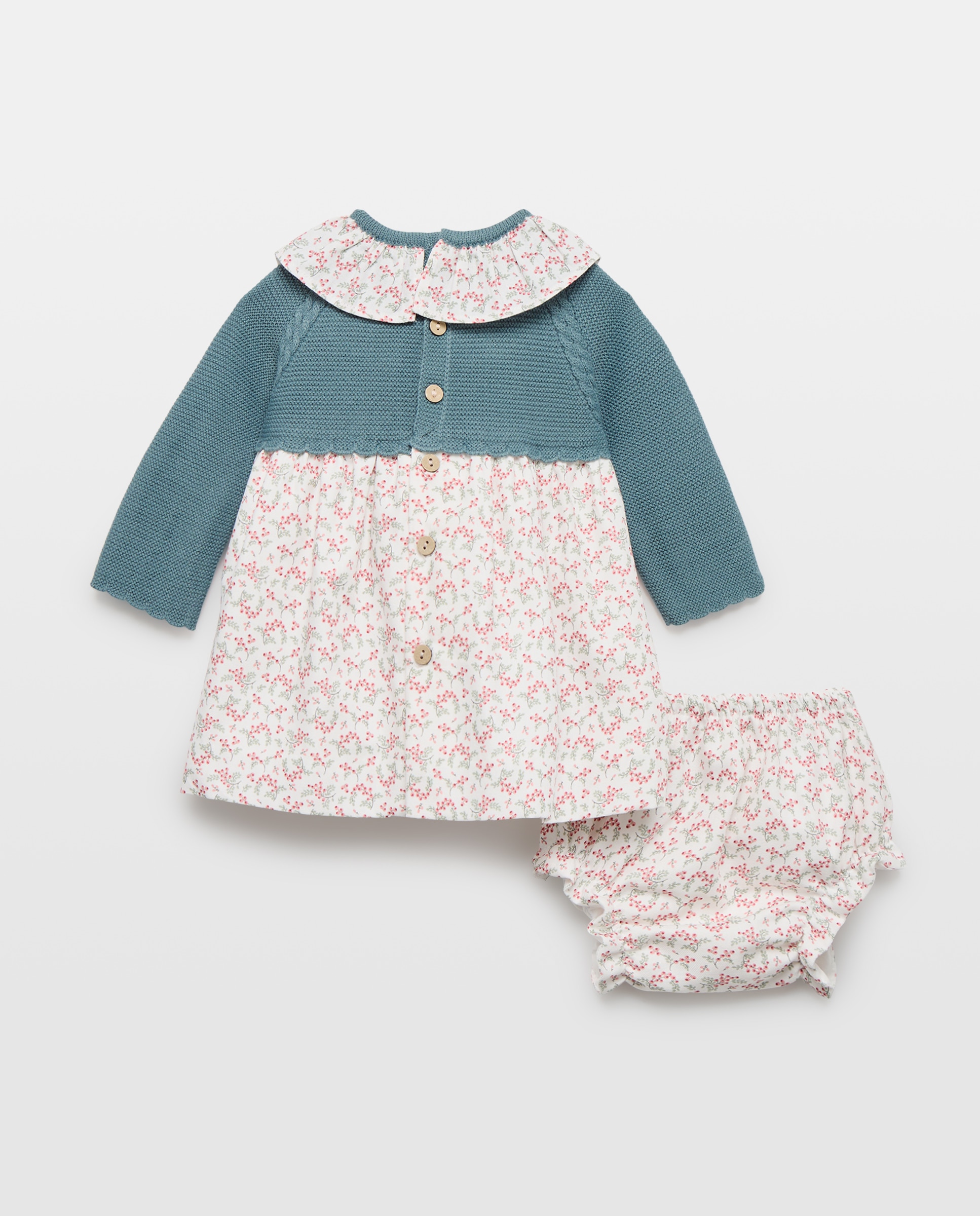 Vestido de Tricot e Tecido Plano de Bebé com Estampado Floral e Bolinhas Verde-2