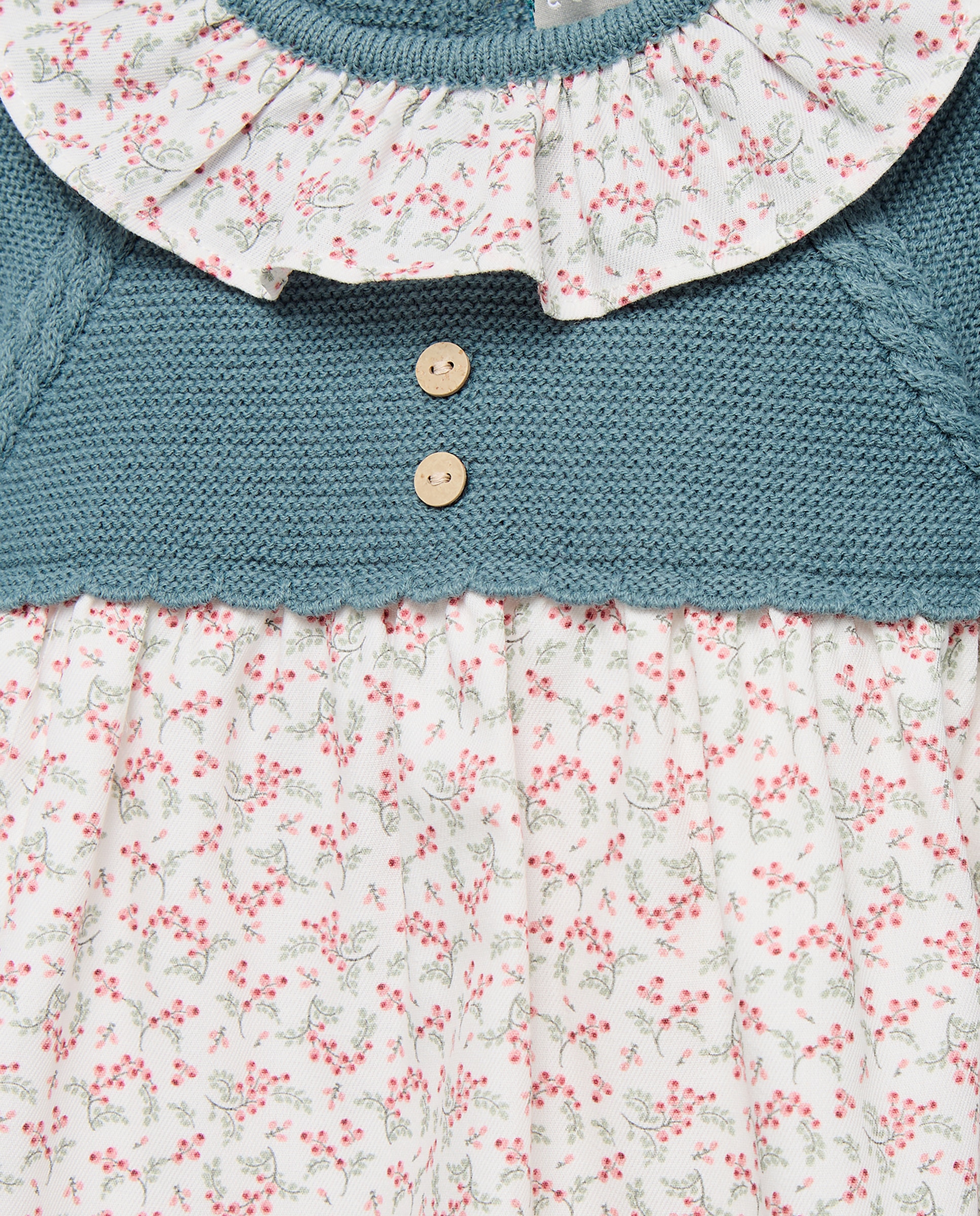 Vestido de Tricot e Tecido Plano de Bebé com Estampado Floral e Bolinhas Verde-3