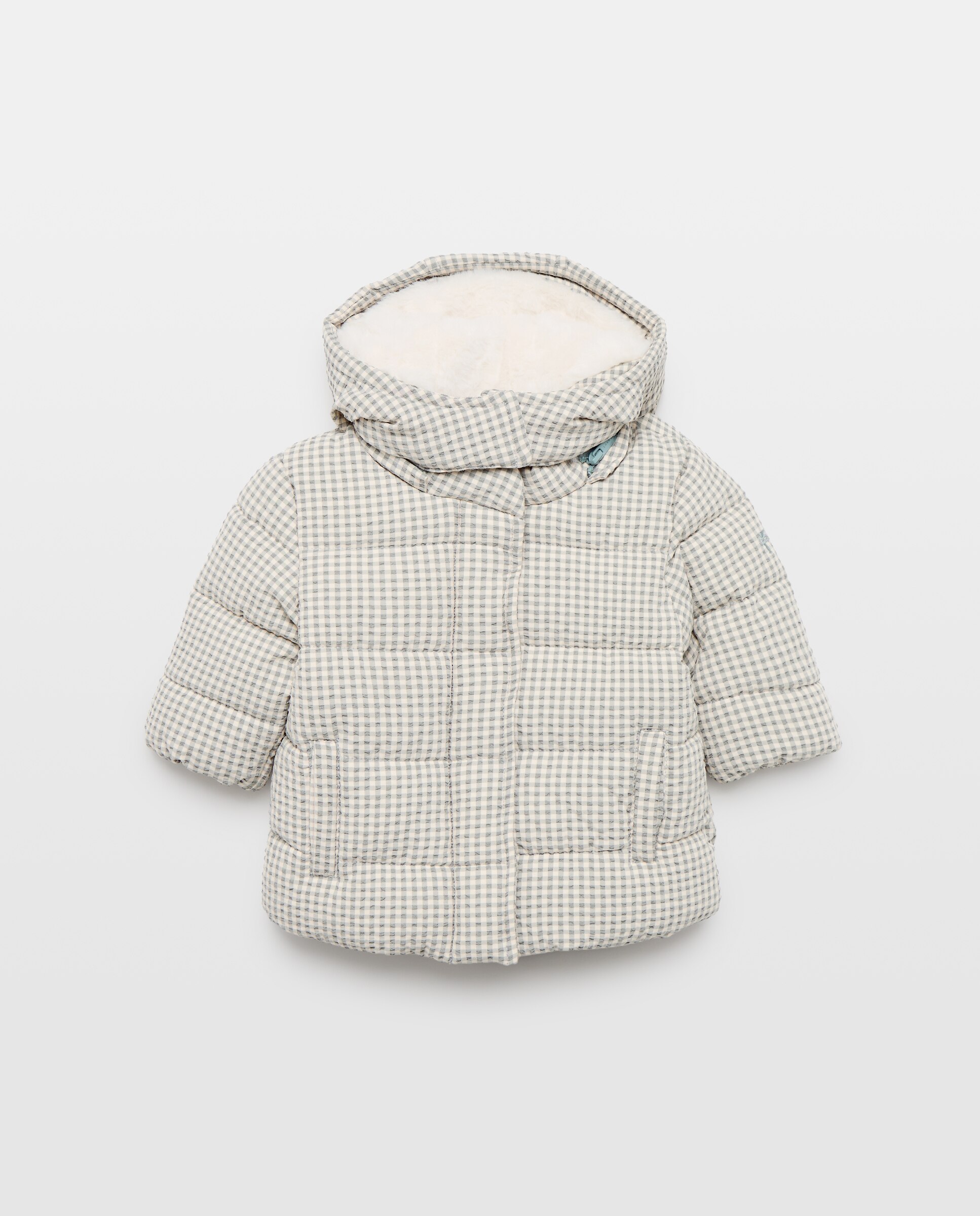 Imagem 0 de Parka Comprida de Nylon e Seersucker de Bebé com Capuz Desmontável de Pelo
